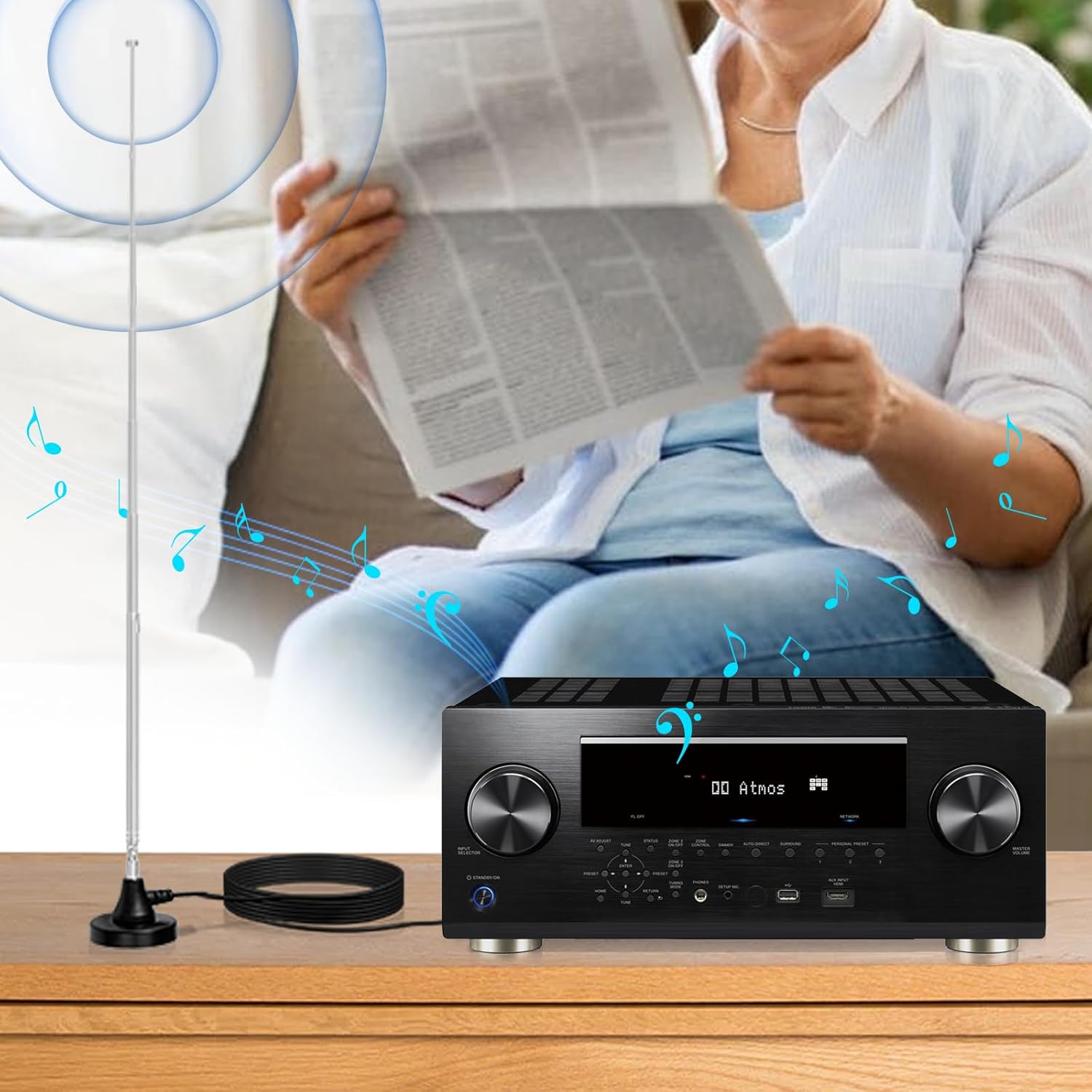 Bingfu Radioantenne platziert am Fenster, angeschlossen an einen modernen Stereo-Receiver für rauschfreien Musikgenuss