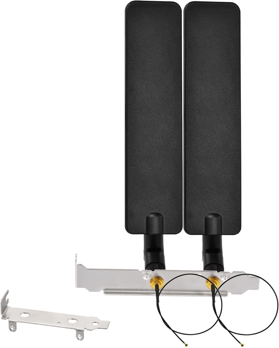 Bingfu Tri-band WiFi 6E antenna kit with 2 high-gain antennas, 20cm MHF4 pigtails, and a PCI slot bracket