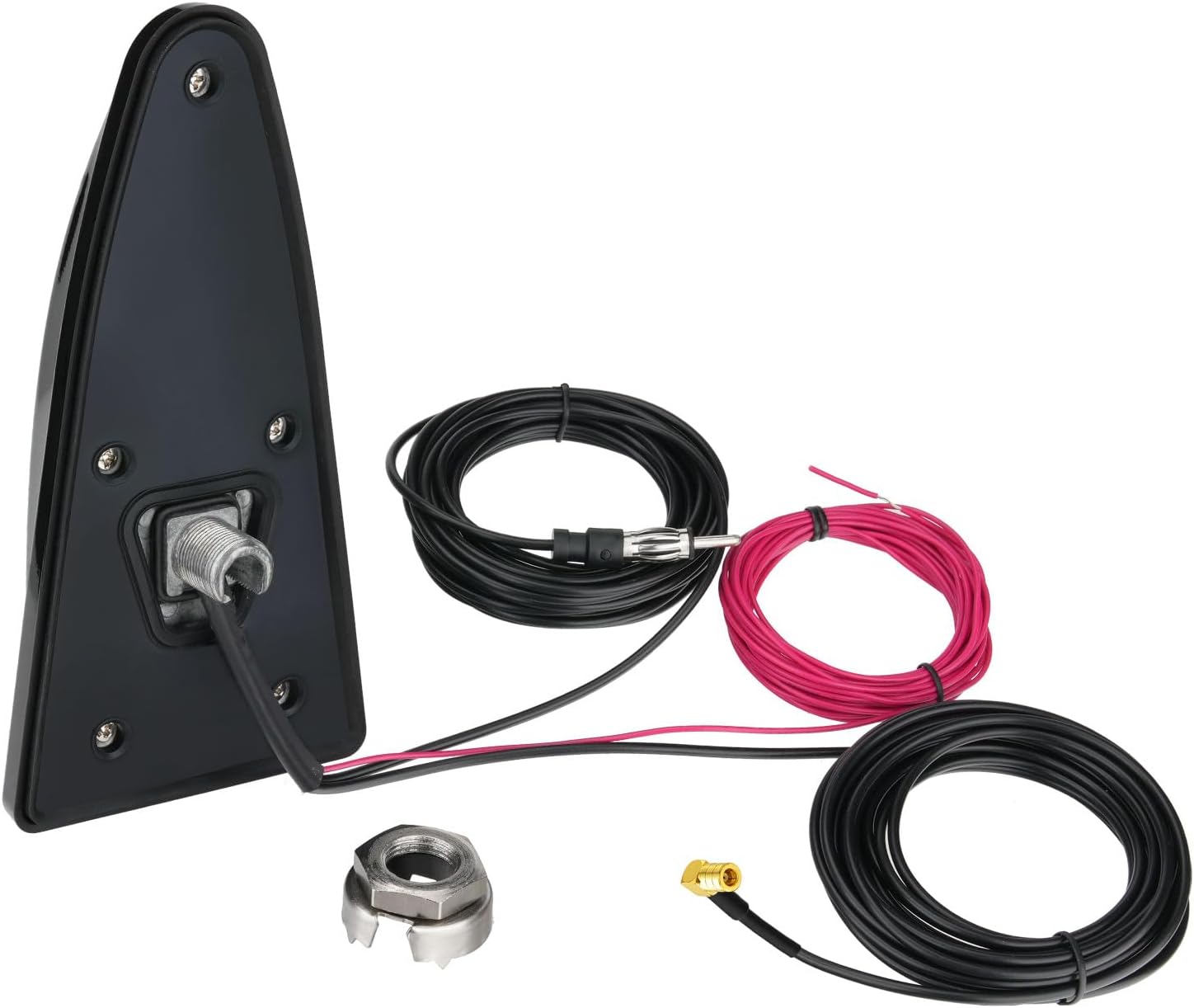 Bingfu active 2-in-1 shark fin antenna in gloss black, integrated DAB+ and FM/AM signal booster with dual-cable output