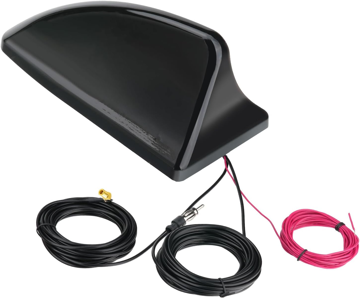 Bingfu active 2-in-1 shark fin antenna in gloss black, integrated DAB+ and FM/AM signal booster with dual-cable output