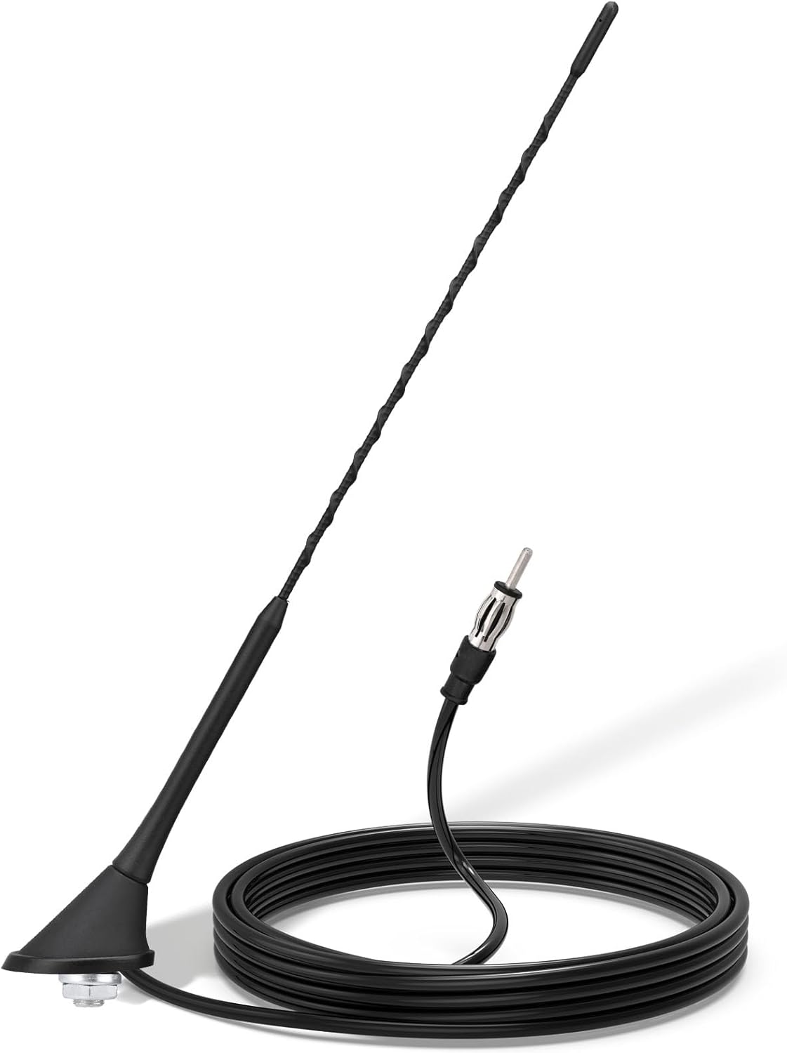 Bingfu angled car roof antenna kit featuring a sleek black mast, heavy-duty mounting base, and 5-meter DIN extension cable