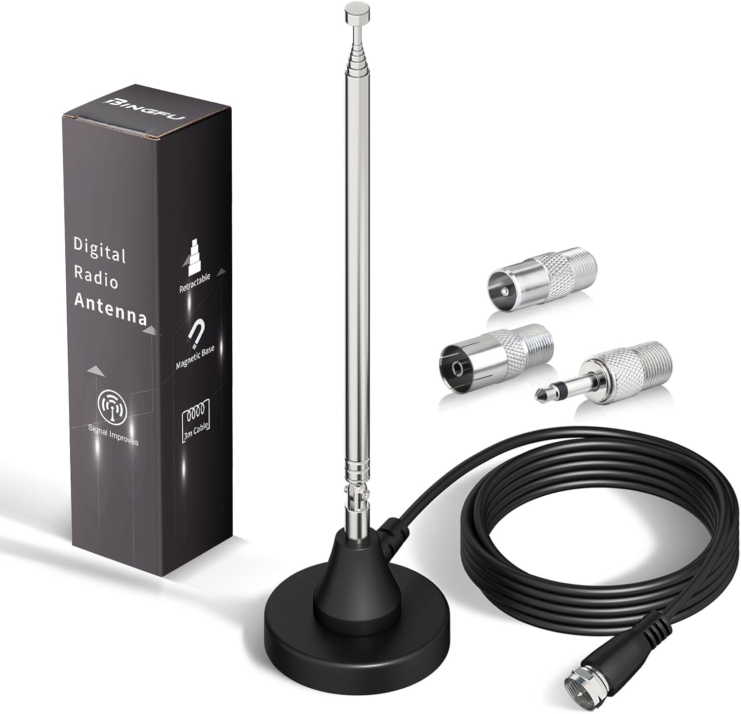 Bingfu digitale DAB+ FM Teleskopantenne mit Magnetfuß, 3 Meter Kabel und einem Set aus drei Adaptern für HiFi-Systeme