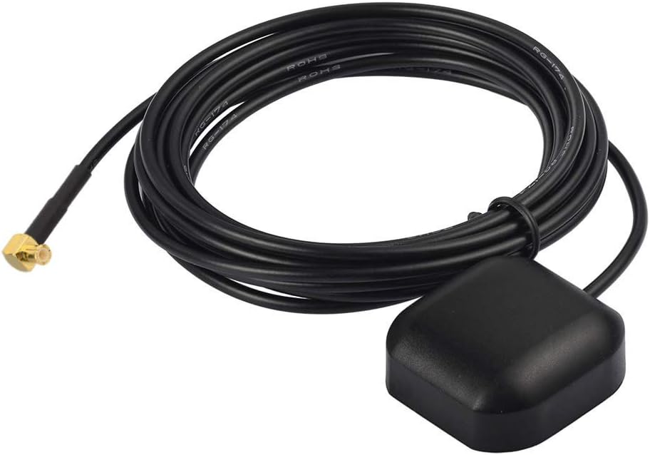 Bingfu external active GPS antenna featuring a compact black housing, 3m RG174 cable, and a 90-degree MCX male right-angle connector.
