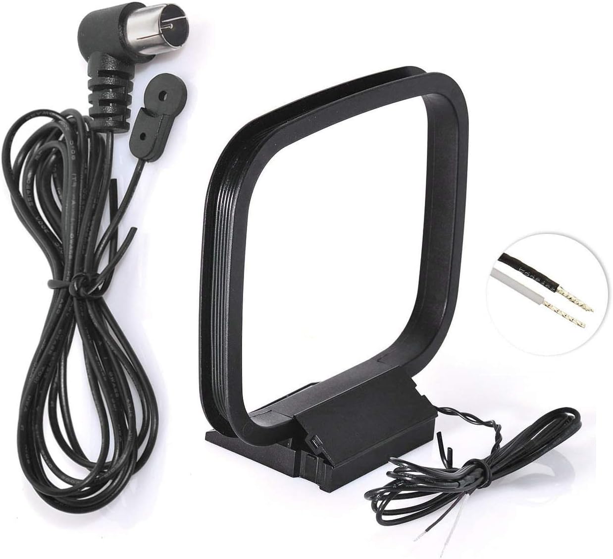 Bingfu home stereo antenna kit including a clear T-type FM wire antenna with F connector and a black AM loop antenna with bare wire leads