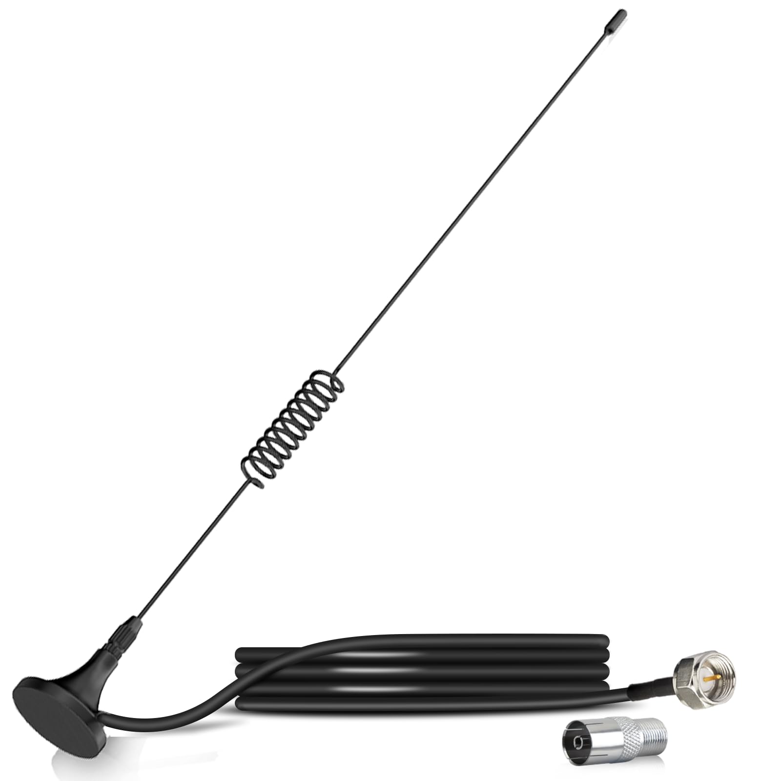 Bingfu indoor FM/DAB radio antenna with a high-gain magnetic base, 3-meter RG174 extension cable, and a complete set of 3 connector adapters