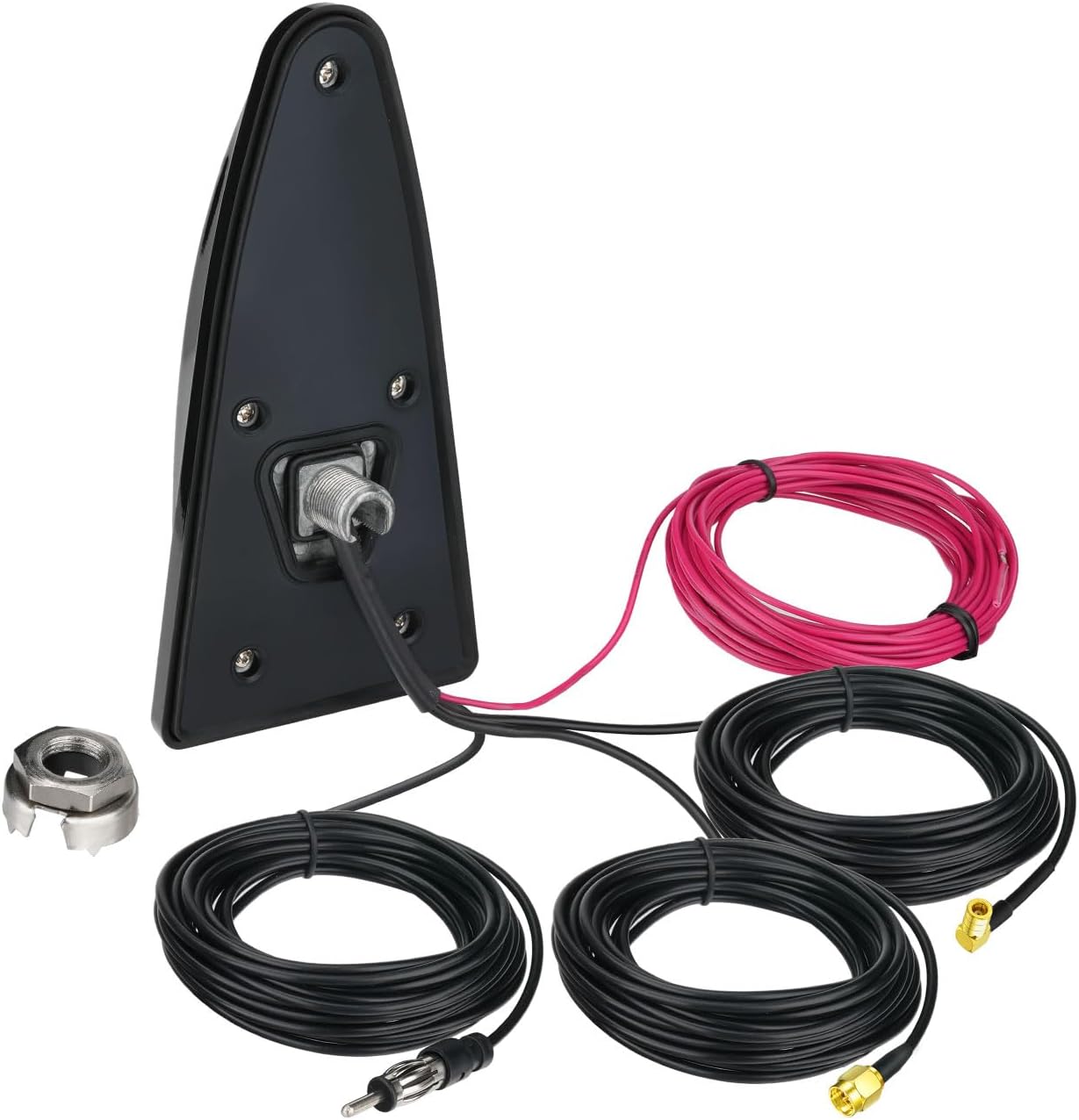 Bingfu premium 4-in-1 shark fin antenna in gloss black, supporting DAB+, FM/AM, GPS, and GNSS/Beidou signals with triple-cable output.