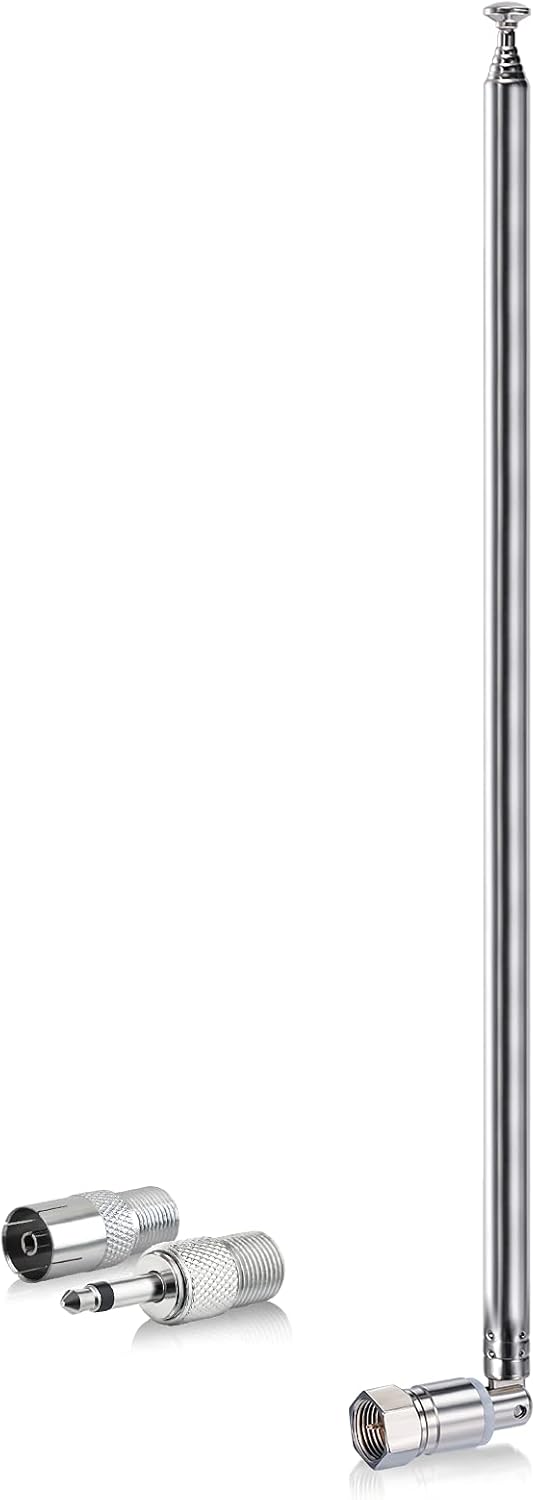 Bingfu telescopic FM DAB radio antenna kit featuring a 75-ohm F-type connector and two additional adapters: PAL female and 3.5mm audio plug.