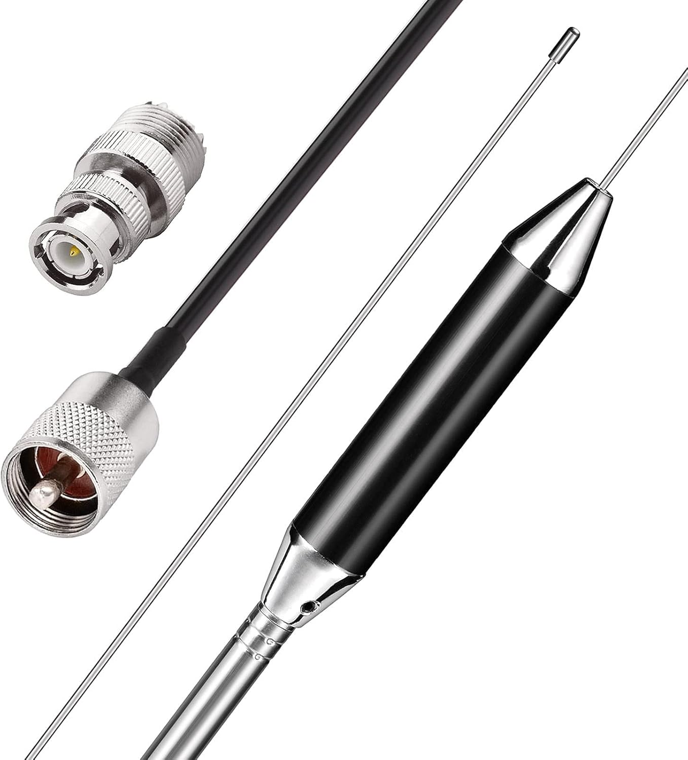 CB antenna package including PL-259 and BNC plug adapters for universal radio compatibility