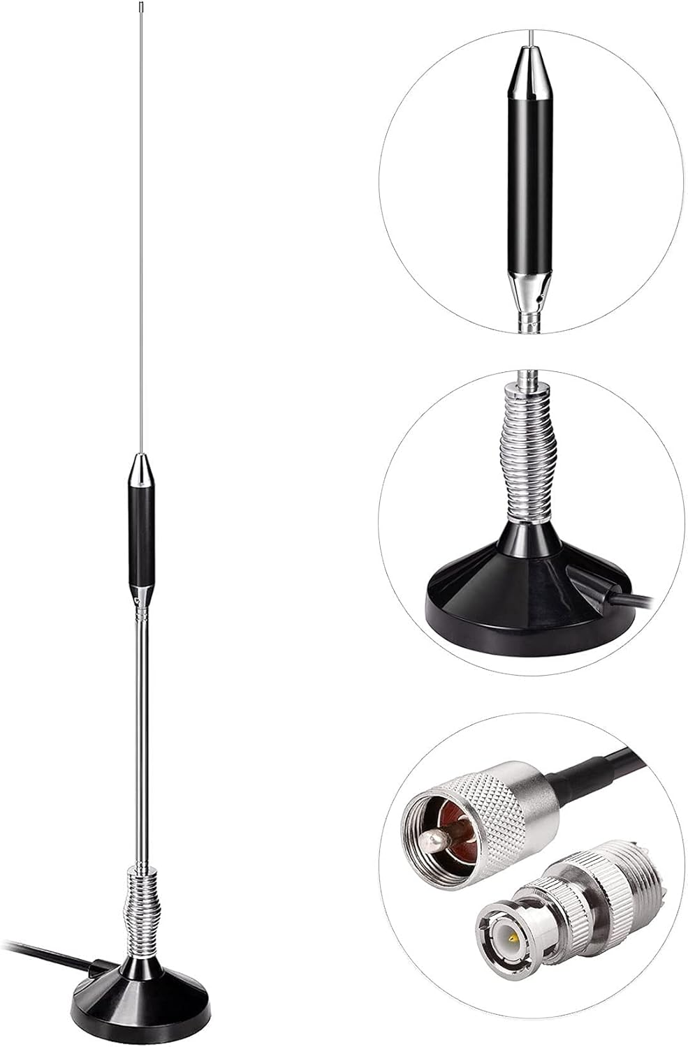 CB antenna package including PL-259 and BNC plug adapters for universal radio compatibility