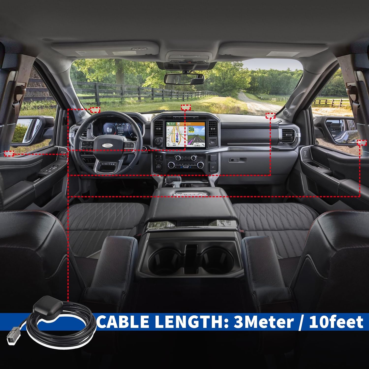 Car interior view showing a navigation head unit receiving a strong GPS signal