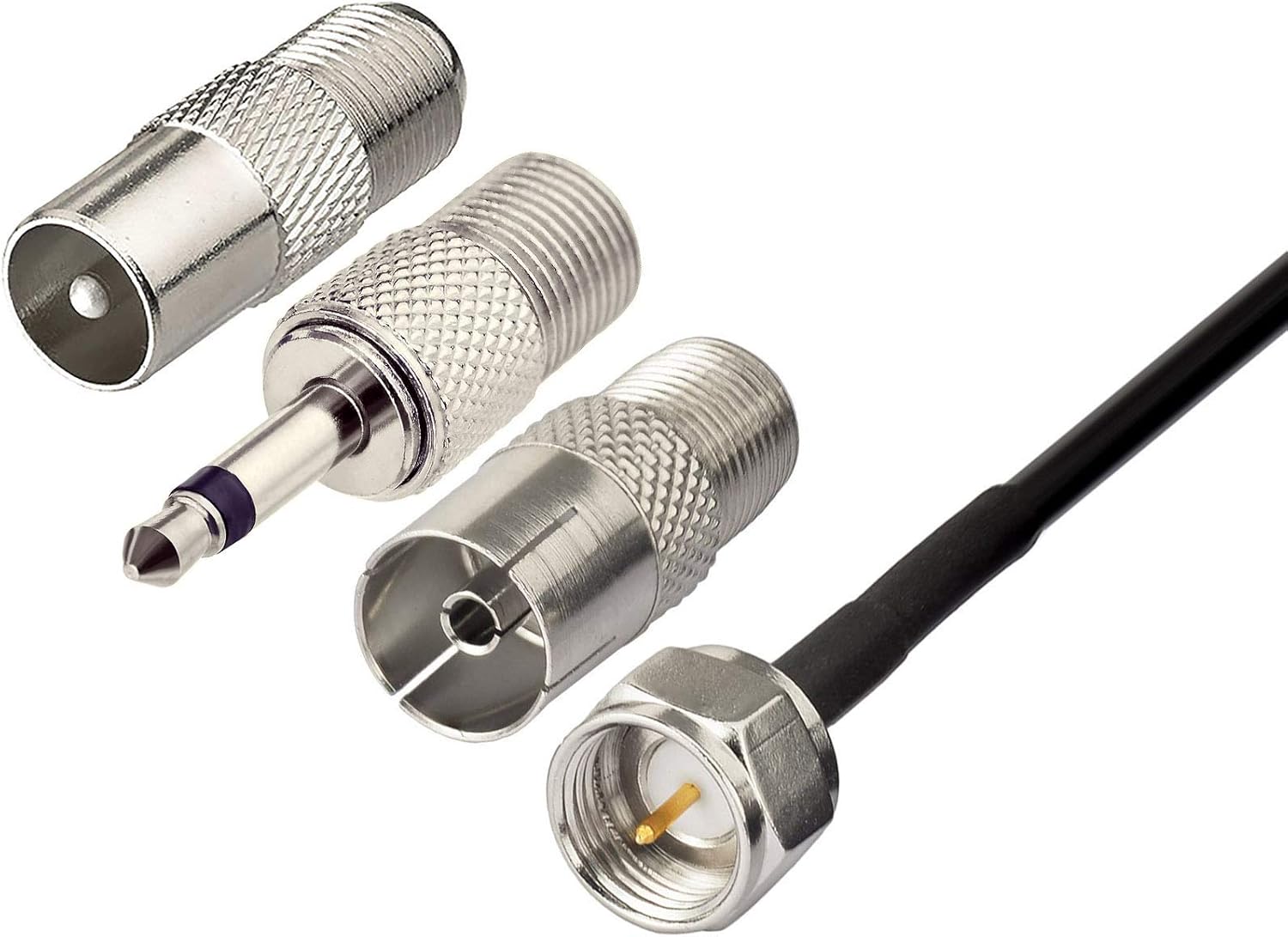 Clear shot of the native F-type connector alongside PAL Male, PAL Female, and 3.5mm adapters, highlighting universal home stereo compatibility