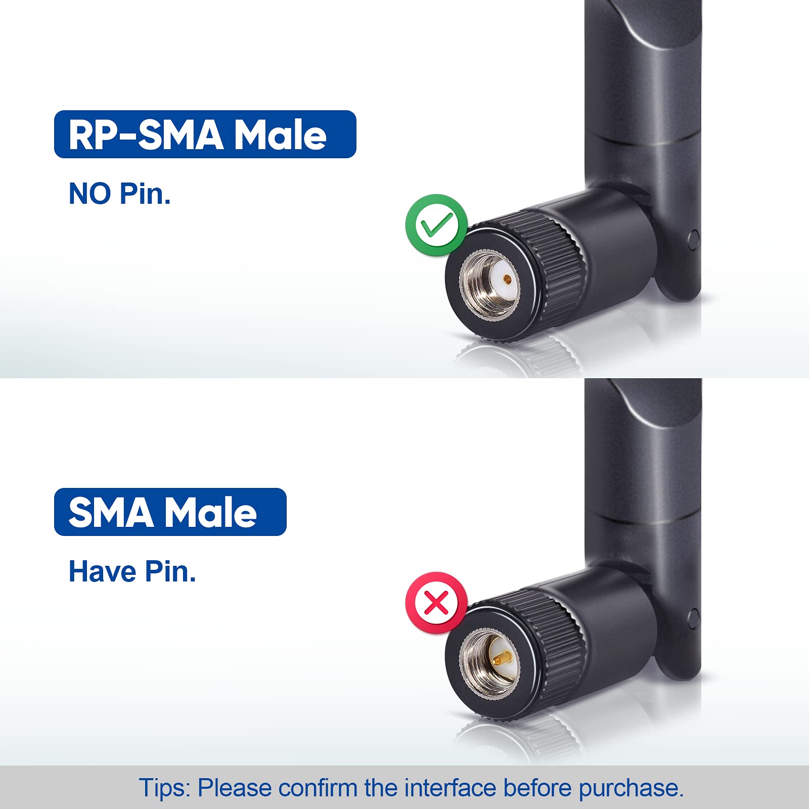 Close-up of RP-SMA Male connector (internal threads, center hole) with a professional black housing
