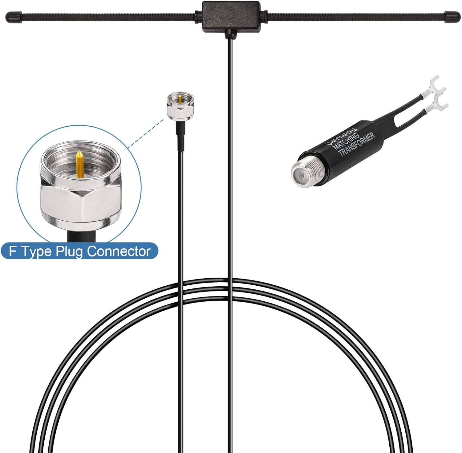 Close-up of the 300-ohm balun transformer and the high-quality copper core of the T-shaped FM dipole antenna for clear signal reception