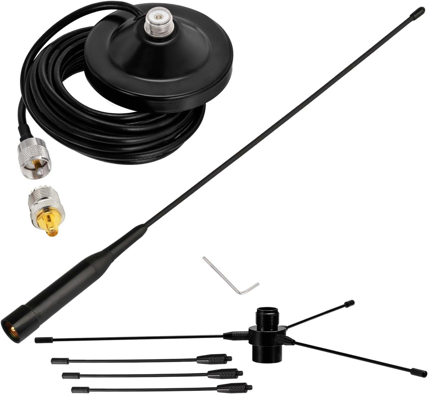 Close-up of the antenna whip and the detachable ground plane radials for improved signal efficiency