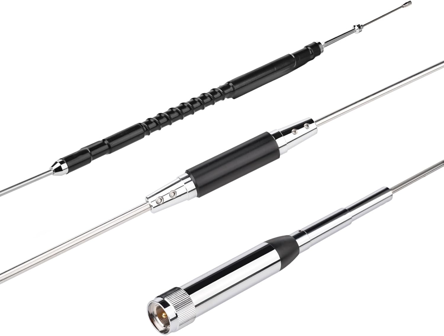 Close-up of the durable stainless steel whip and the robust spring-loaded antenna base.
