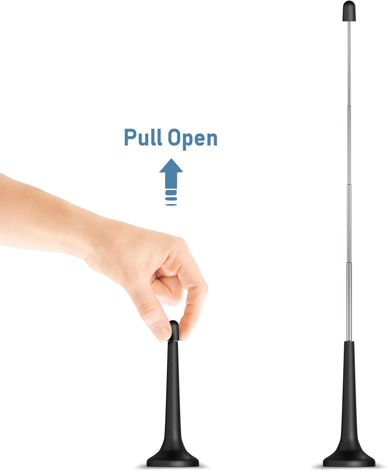 Close-up of the high-gain telescopic mast fully extended and the strong magnetic base that attaches securely to any metal surface