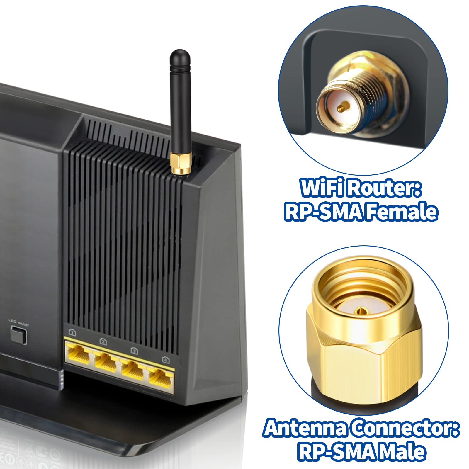 Close-up of the rigid, no-hinge stubby WiFi antenna showing the high-quality durable black casing