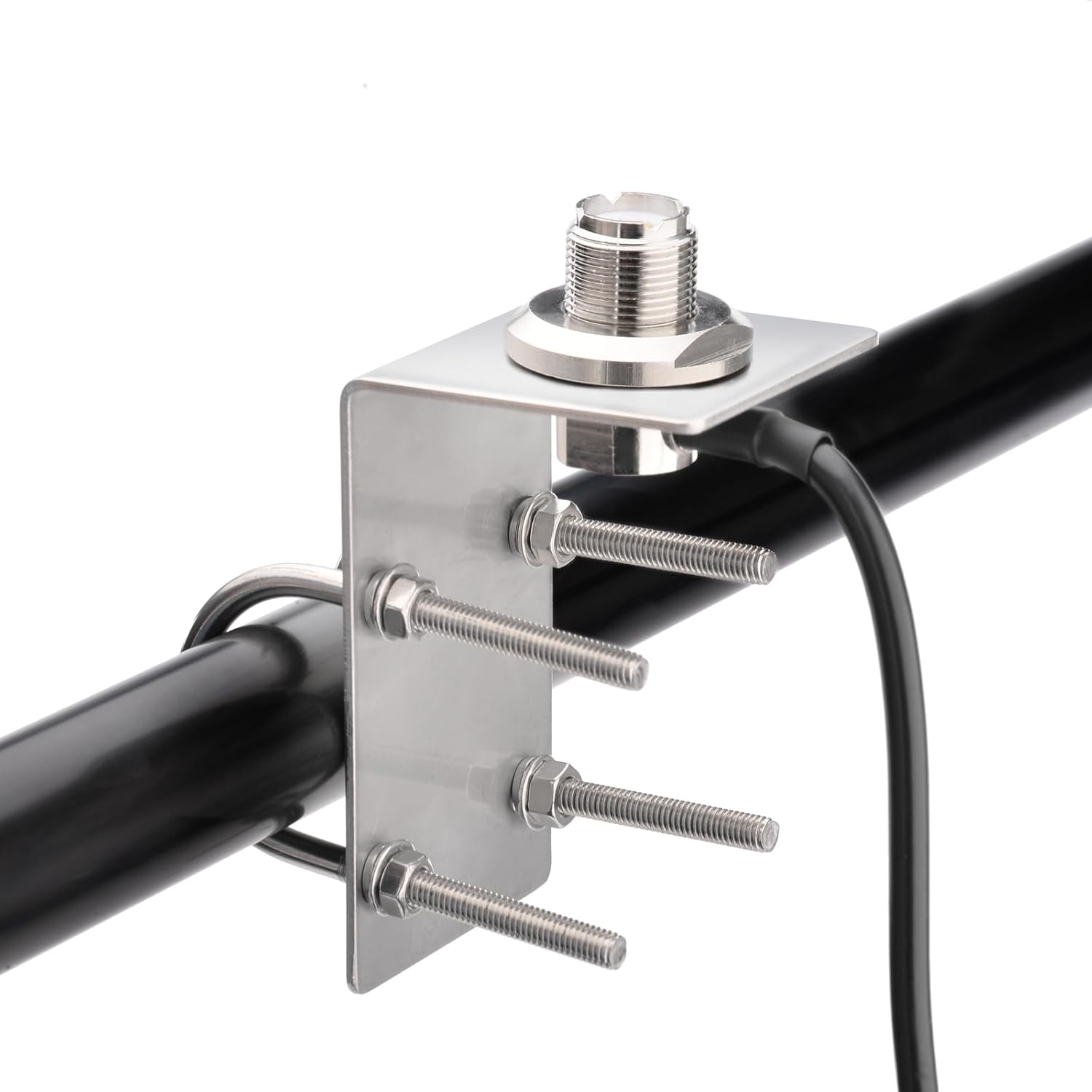 Close-up of the stainless steel U-bolt, bracket structure, and durable weather-sealed connector