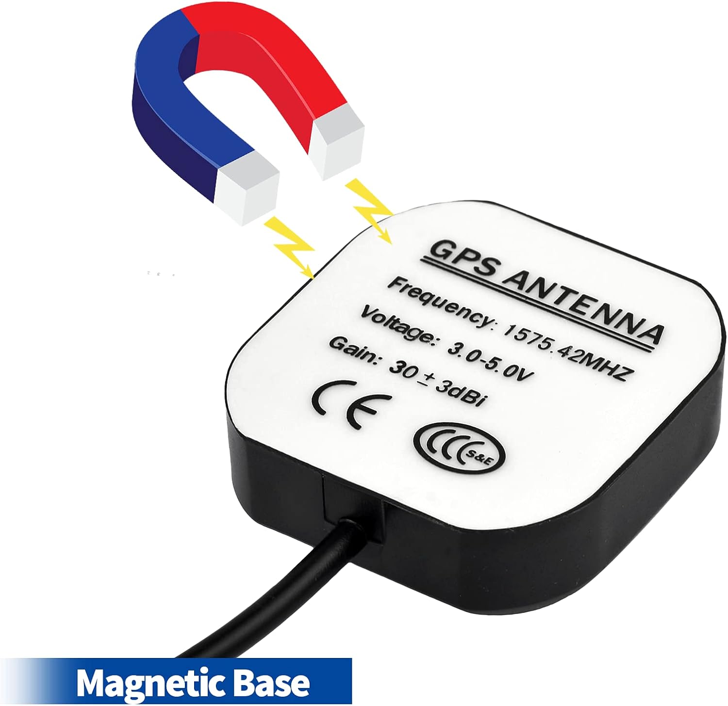 Close-up of the waterproof, compact GPS antenna housing and high-quality shielded cabling