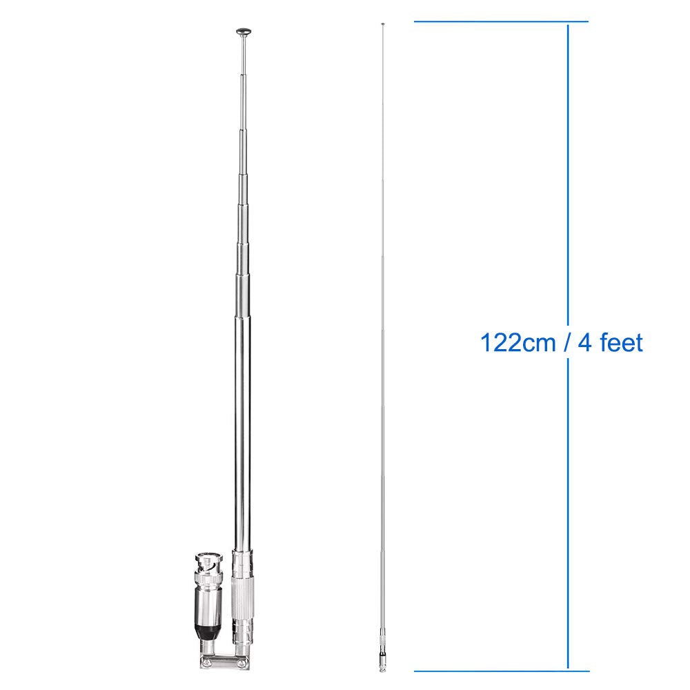 Comparative scale drawing showing the antenna's collapsed compact length vs. full 8-section extended reach