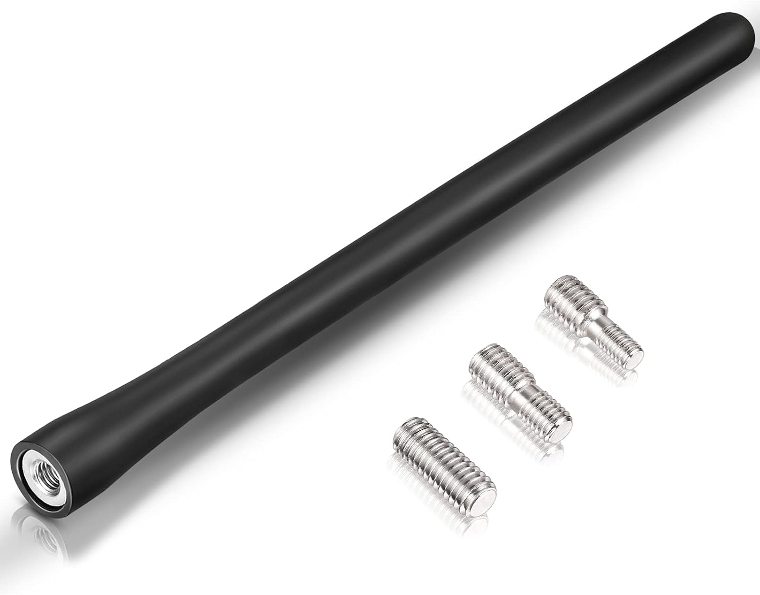 Detailed display of the universal adapter kit including M4, M5, and M6 threaded screws, ensuring compatibility with 99% of vehicle antenna bases.
