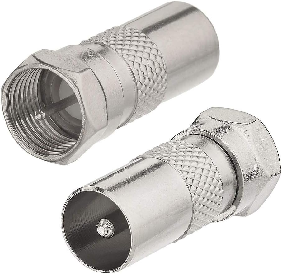 Detailed shot of the PAL female coaxial socket and the silver-plated F-type male plug adapter for universal receiver compatibility
