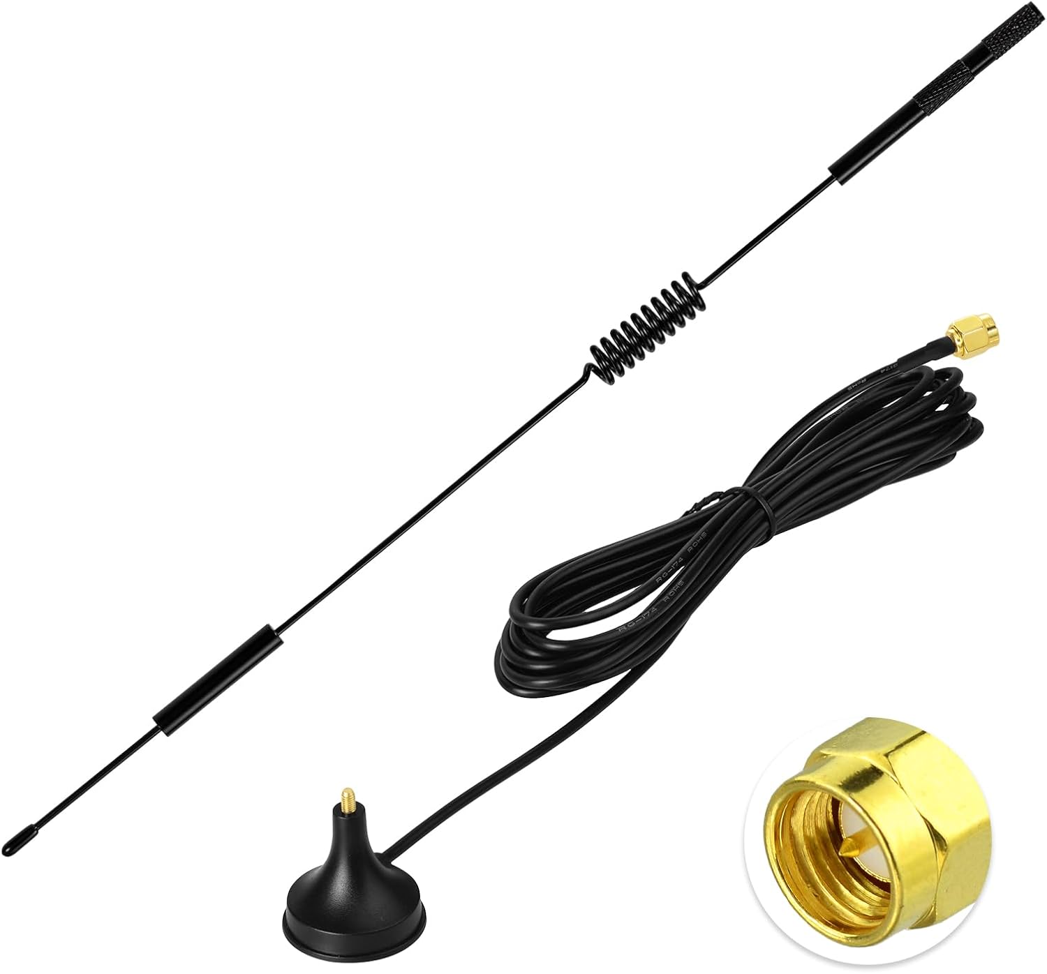 Detailed view of gold-plated SMA Male connector with center pin on Bingfu 5dBi antenna