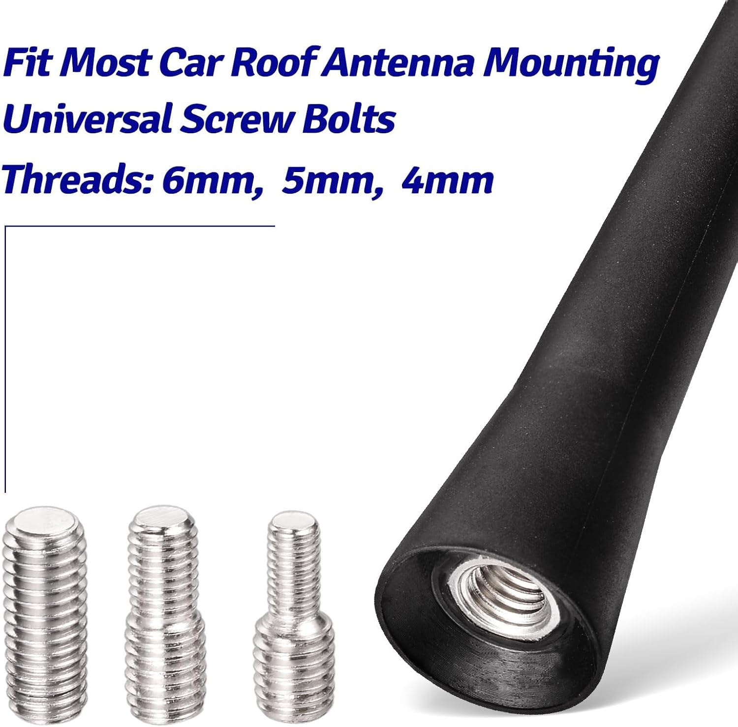 Detailed view of the 2-pack kit including M4, M5, and M6 mounting studs to fit various car antenna bases