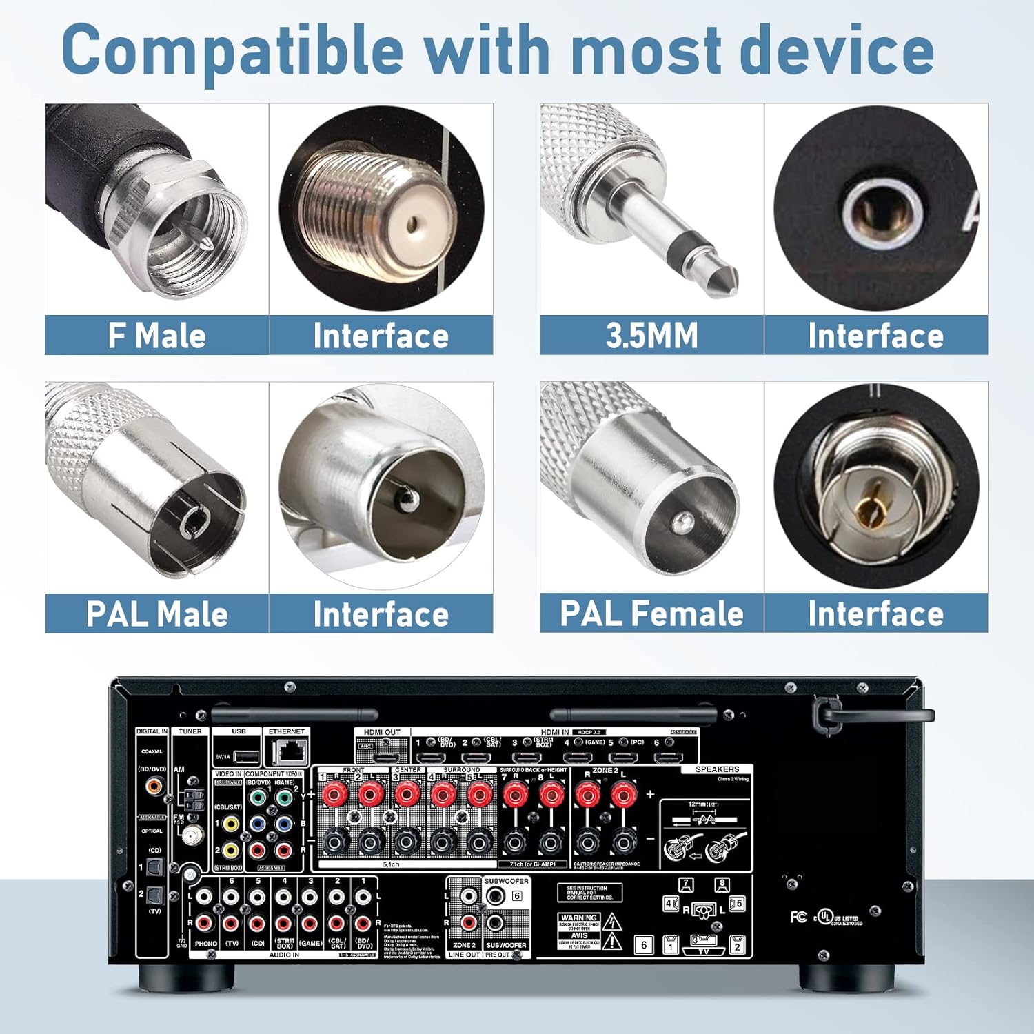 Detailed view of the 3 included adapters: F-female to PAL male, PAL female, and 3.5mm audio plug, ensuring compatibility with all stereo brands