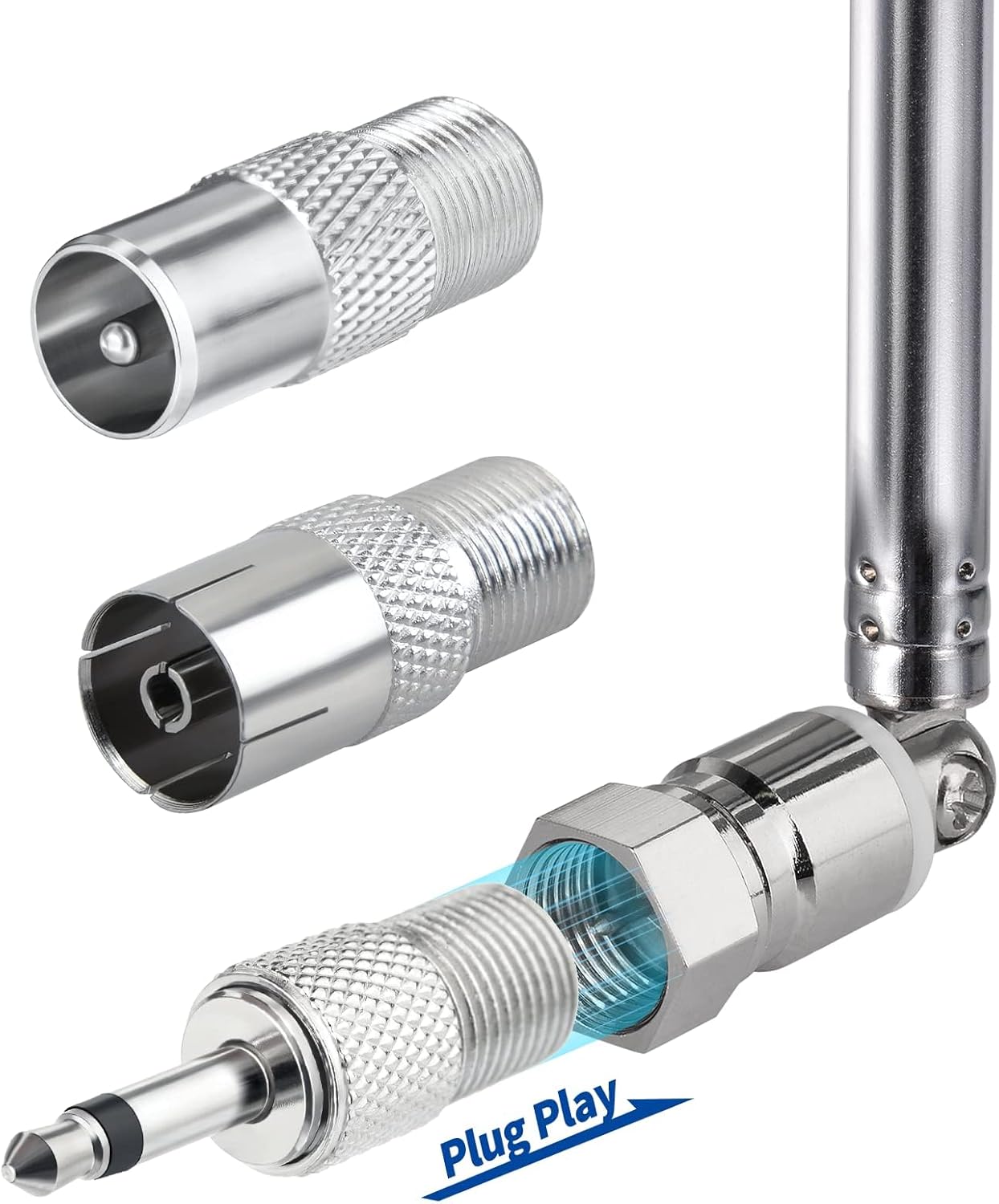 Detailed view of the 3 included metal adapters: F-female to PAL male, PAL female, and 3.5mm plug, covering 99% of stereo brands