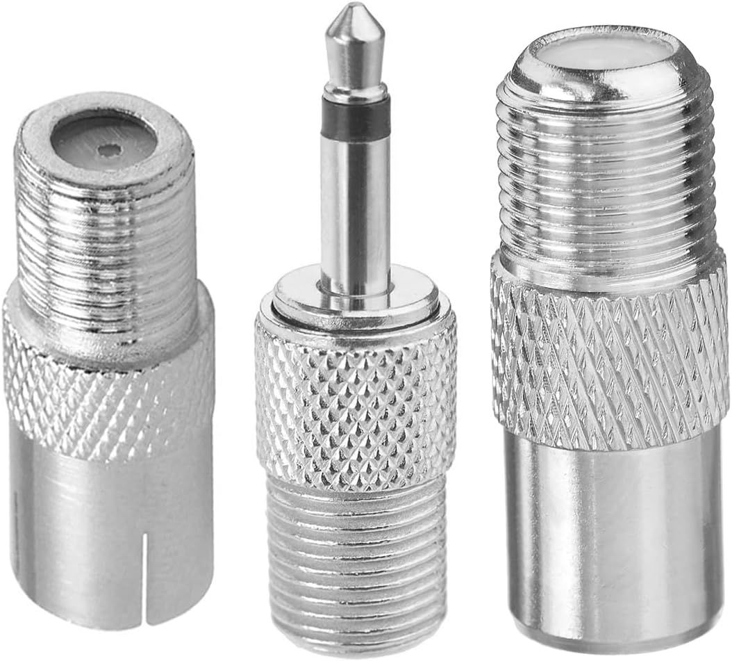 Detailed view of the F-type male connector and the included 3.5mm, PAL male, and PAL female adapters for universal compatibility