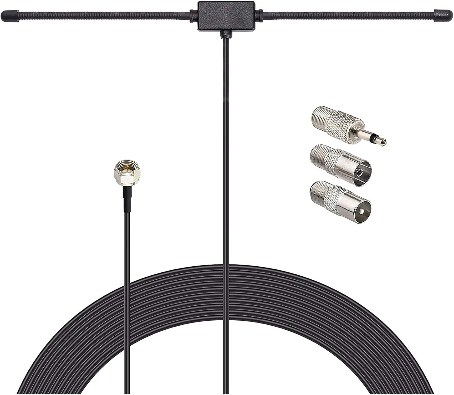 Detailed view of the F-type male connector and the included 3 metal adapters: F-female to PAL male, PAL female, and 3.5mm audio plug