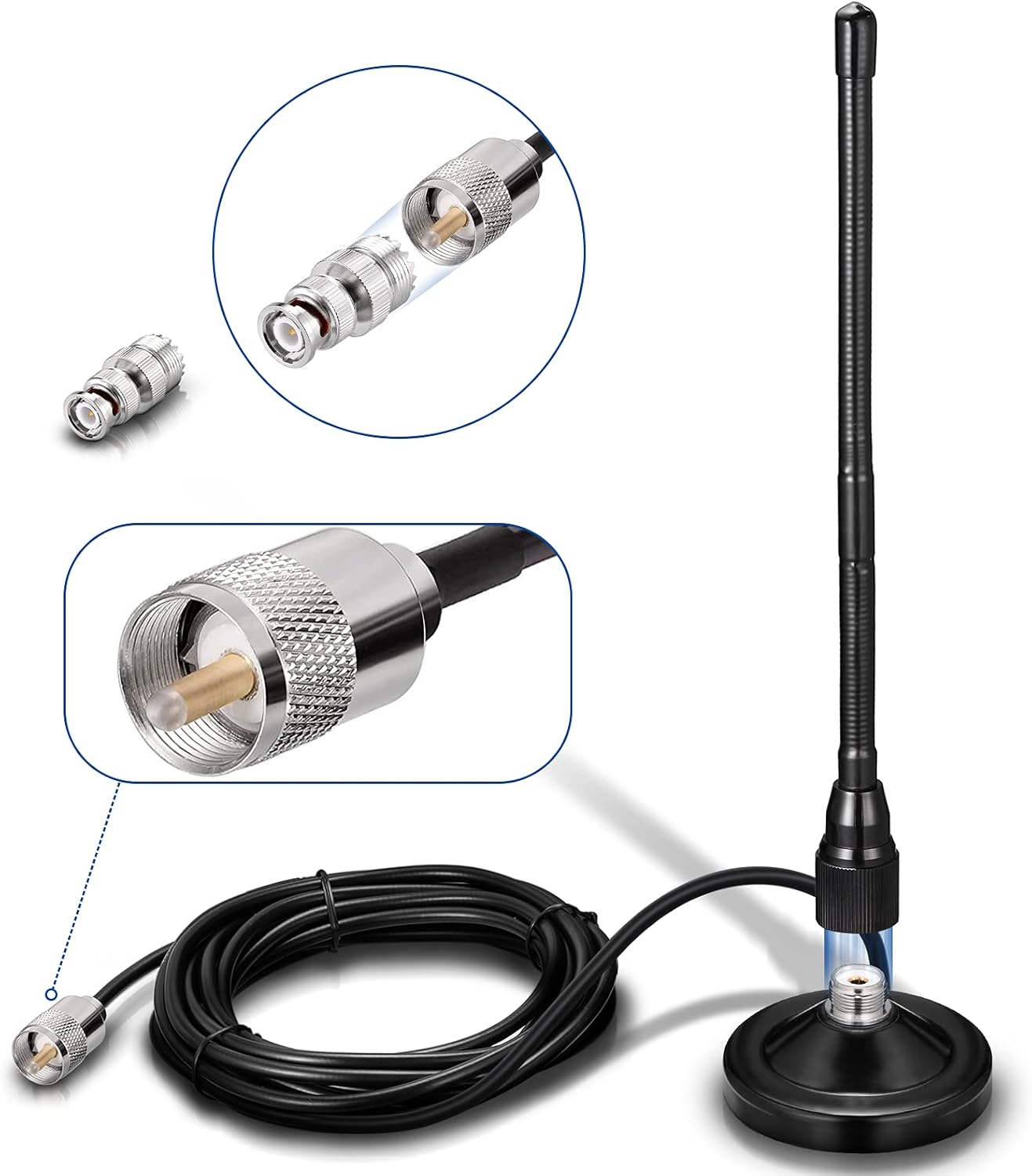 Detailed view of the PL259/BNC connector setup for versatile CB radio compatibility.