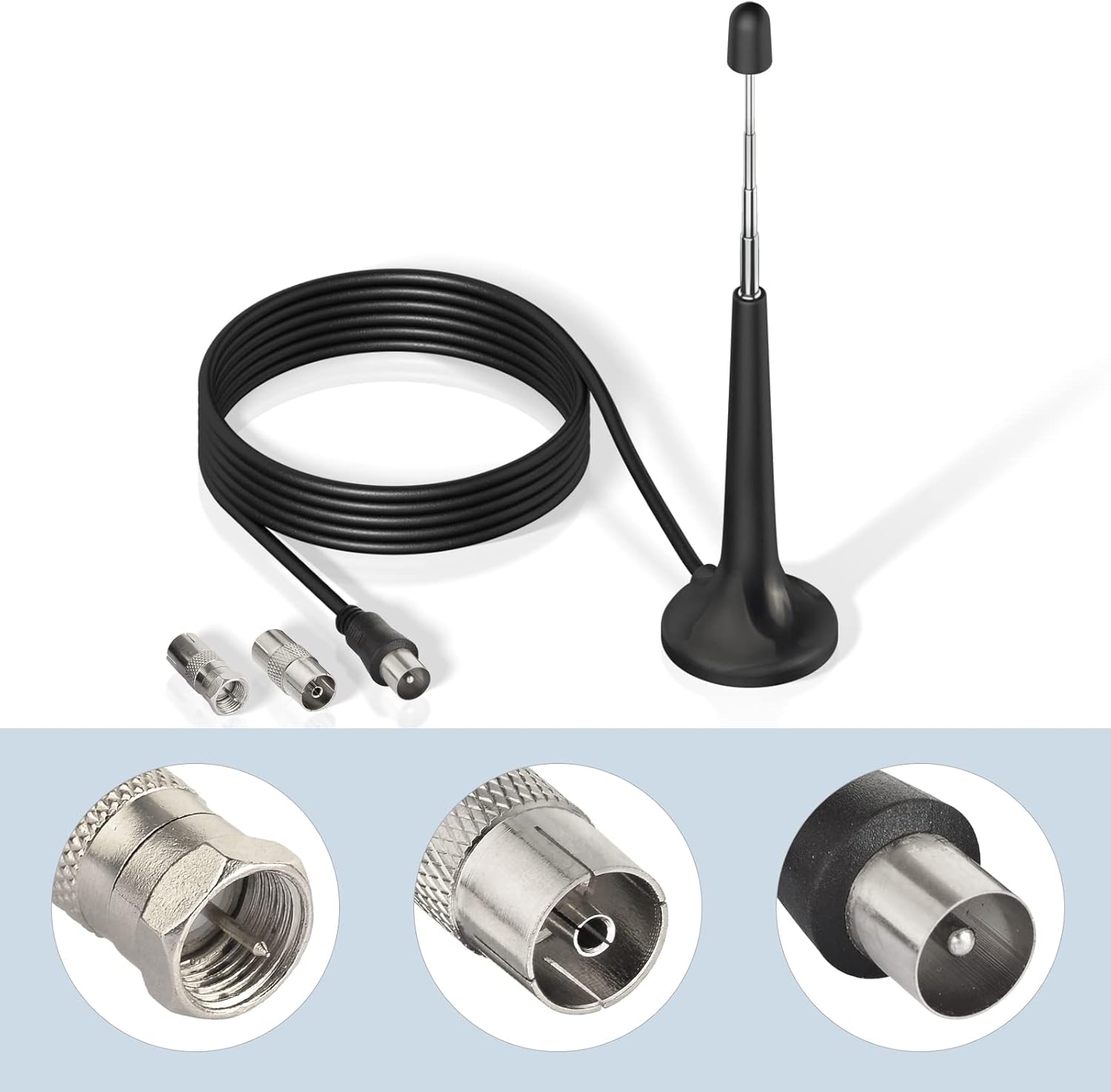 Detailed view of the native F-type connector and the three included adapters, ensuring 100% compatibility with various stereo brands