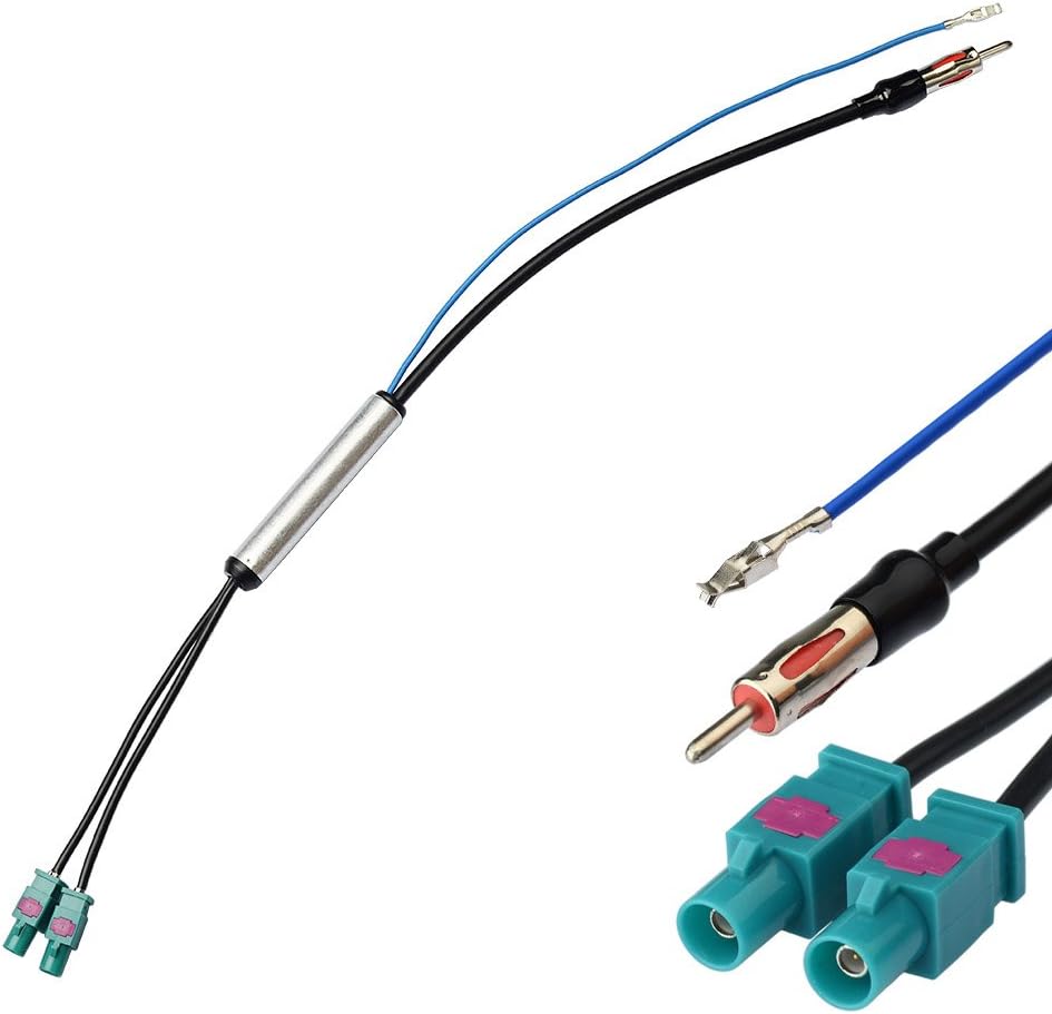 Detailed view of the universal Fakra Z male (water blue) connectors and the standard DIN radio plug, ensuring a 99% fit for car tuners