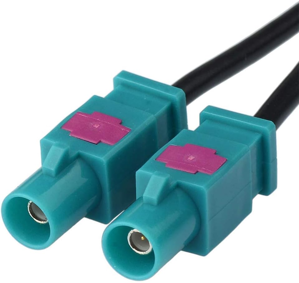 Detailed view of the universal Fakra Z male (water blue) connectors and the standard DIN radio plug, ensuring a 99% fit for car tuners