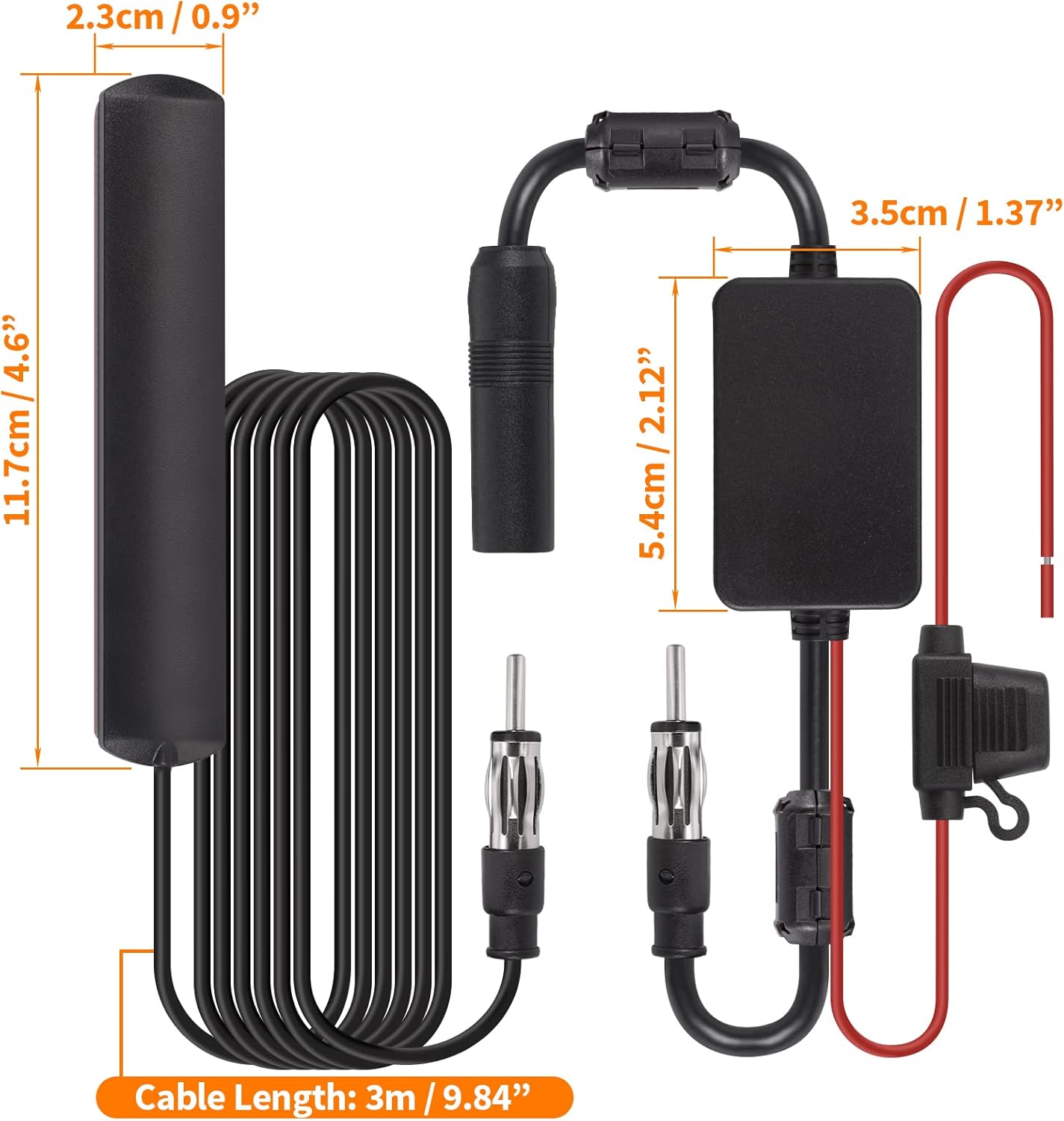 Details of the 3-meter (10ft) long extension cable and the standard Motorola DIN connector, ensuring universal compatibility with aftermarket head units