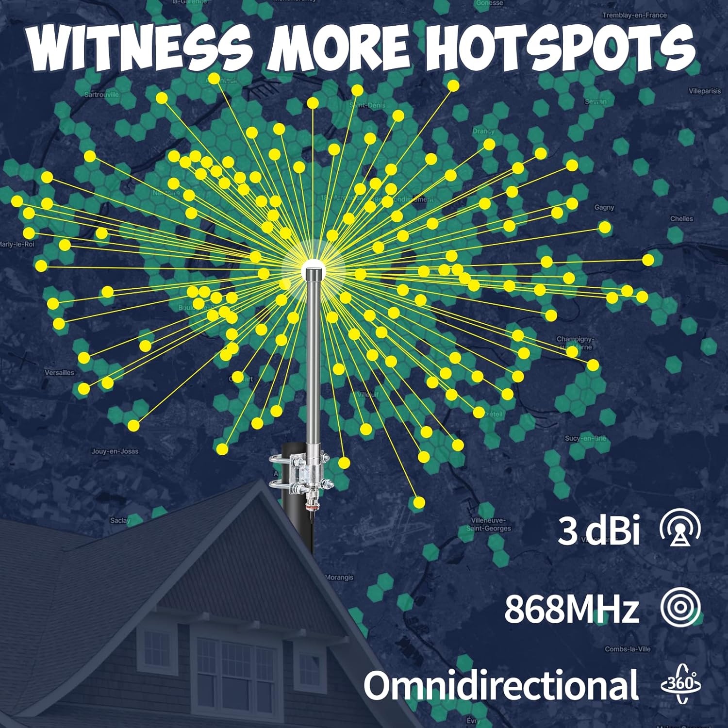 Diagram showing the fiberglass antenna mounted on a rooftop mast for maximum signal