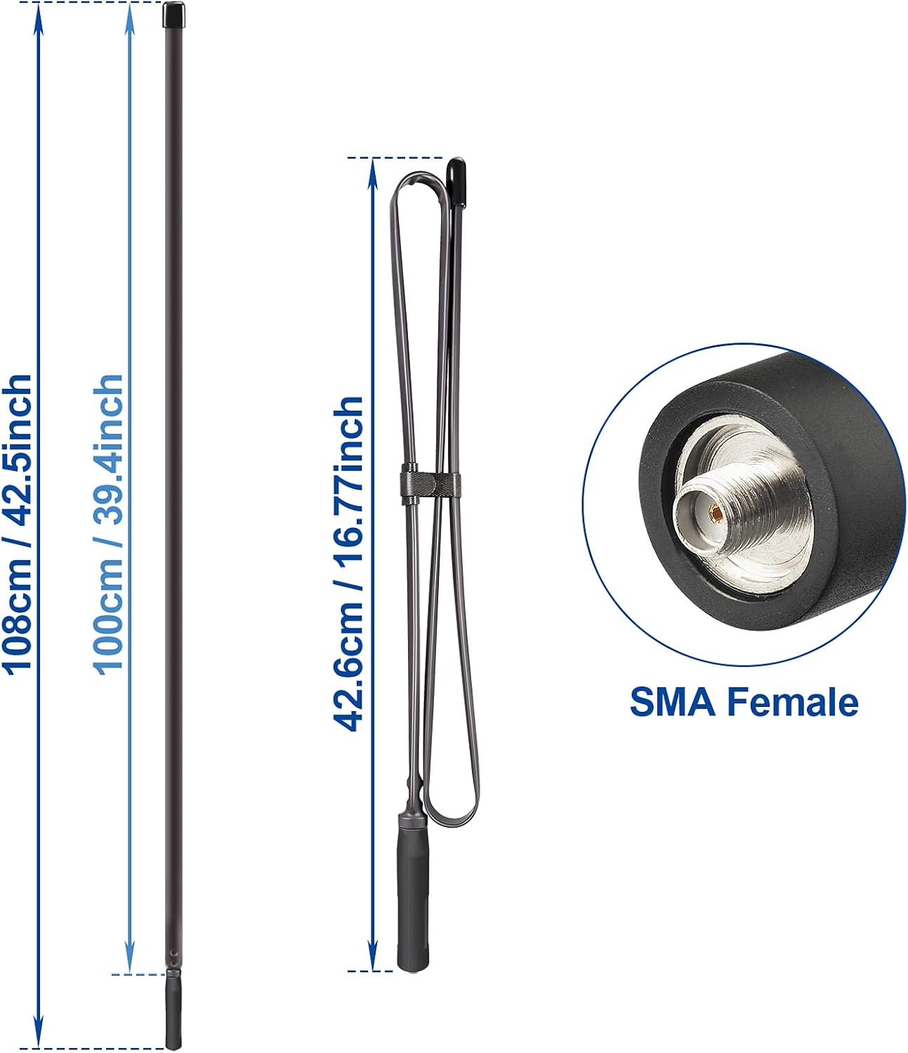 Dimension layout showing 108cm antenna length and 1m extension cable reach