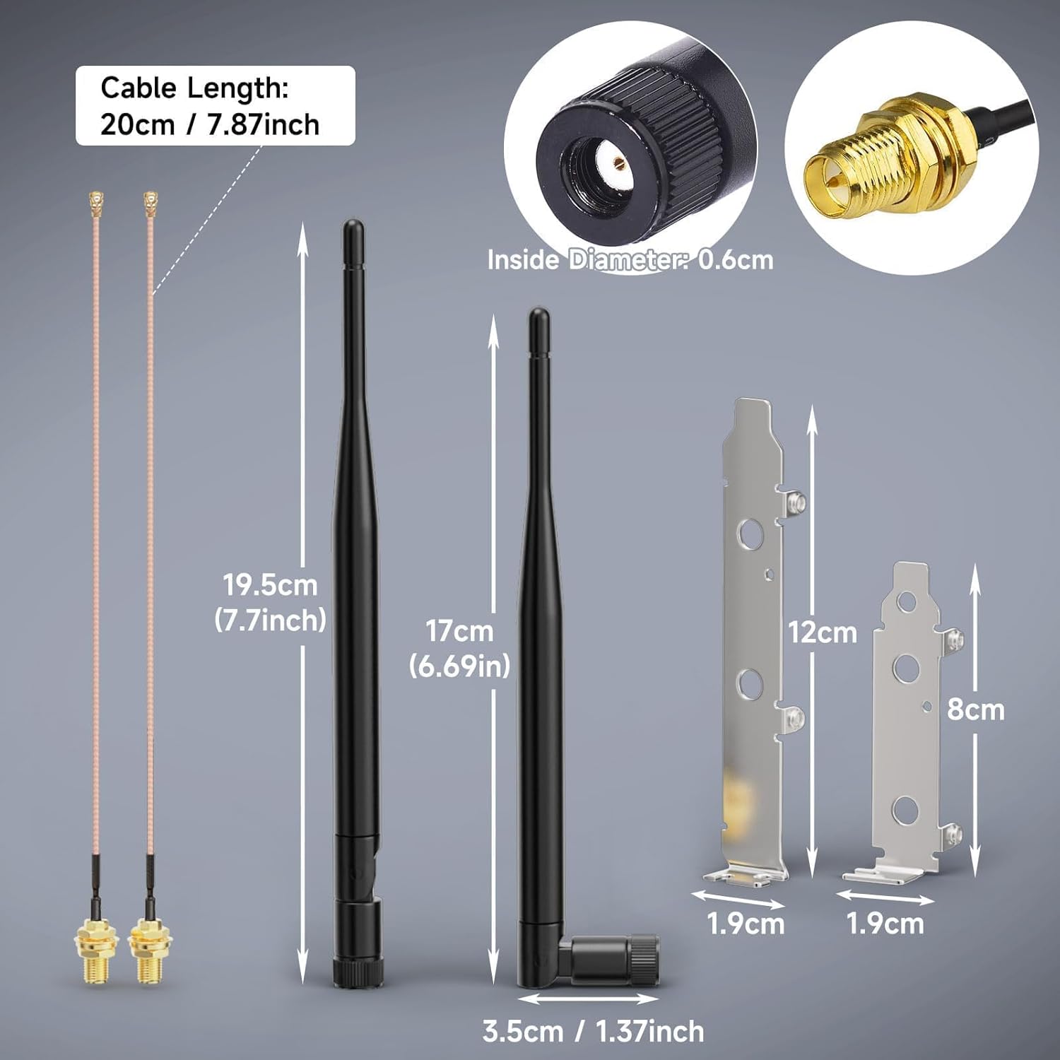 Dimensions of the 19.5cm (7.7 inch) high-gain antennas and the 20cm (8 inch) RG178 pigtail cables