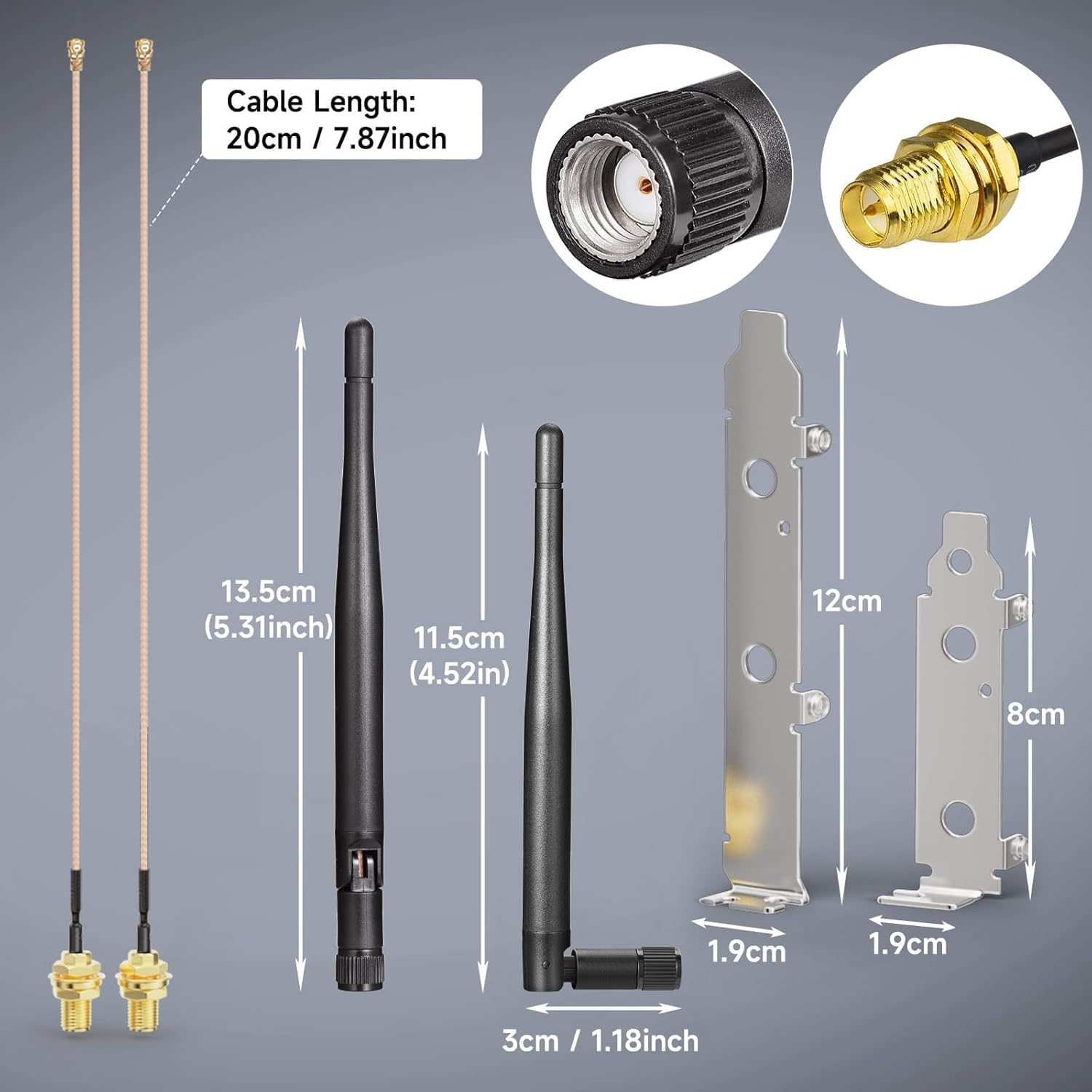 Dimensions of the 20cm (8 inch) RG178 cables, 3dBi antennas, and the PCI slot bracket