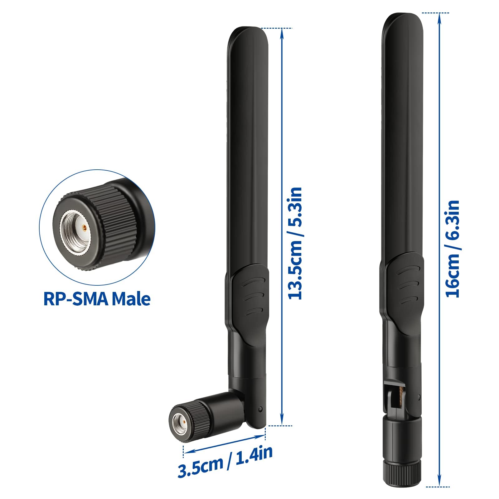 Dimensions of the 8dBi RP-SMA cellular antenna showing height and foldable design