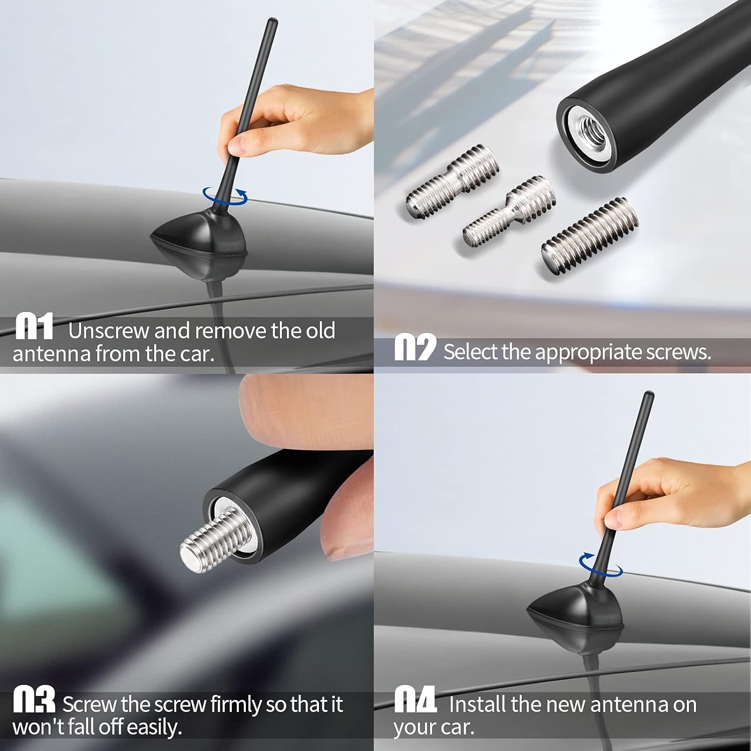 Easy 1-minute DIY installation: demonstrating how to select the correct M4, M5, or M6 adapter and screw the antenna into the car's existing roof base
