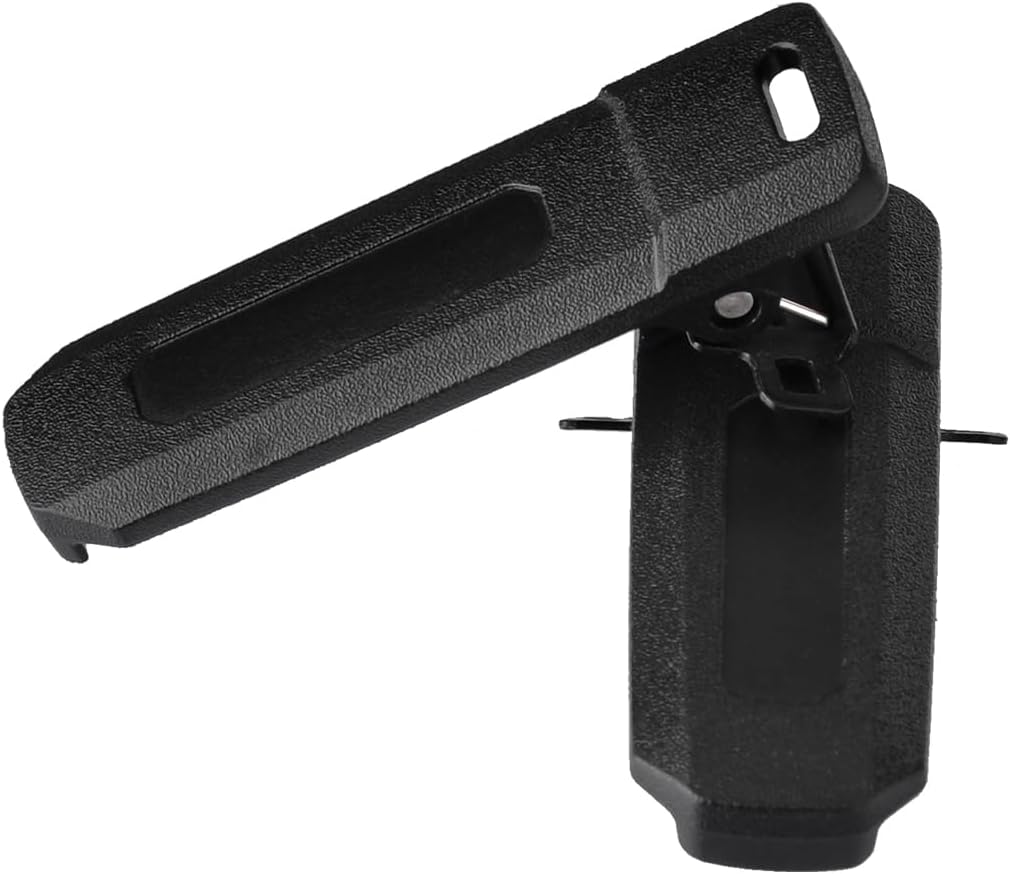 Easy installation demonstration showing the belt clip attaching to the back of a Baofeng UV-5R radio