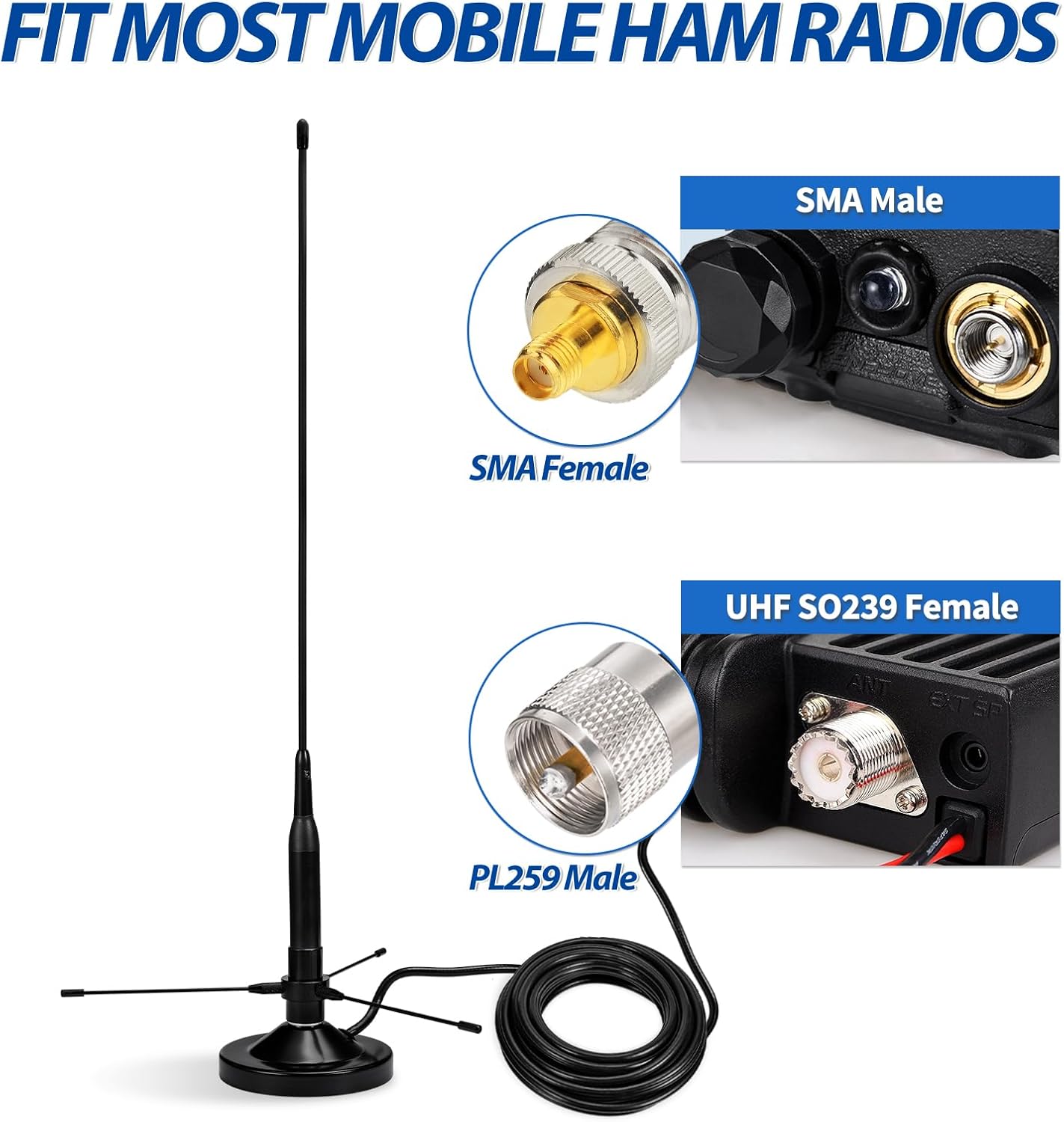 High-quality SMA/PL-259 connector (as per your specific model) ensuring low-loss connection