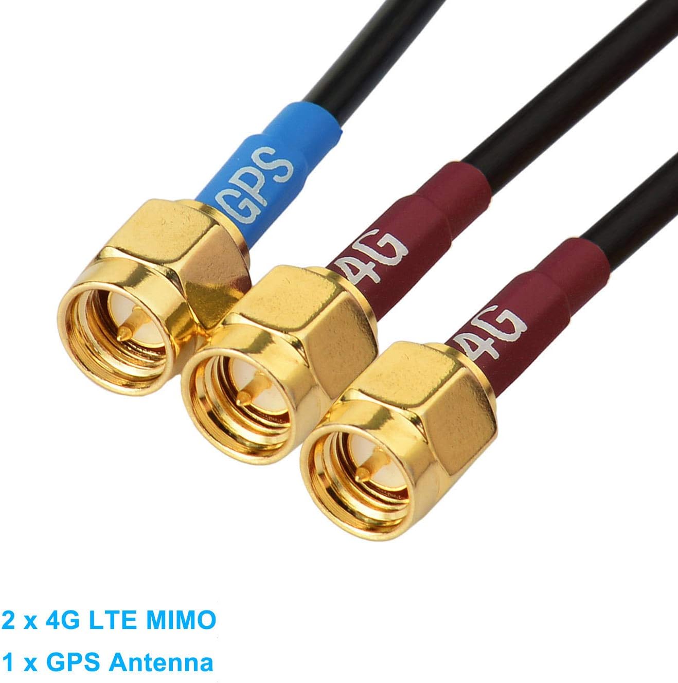 High-quality SMA male connectors (2x for Cellular, 1x for GPS) with precision gold-plated threading for low signal loss.