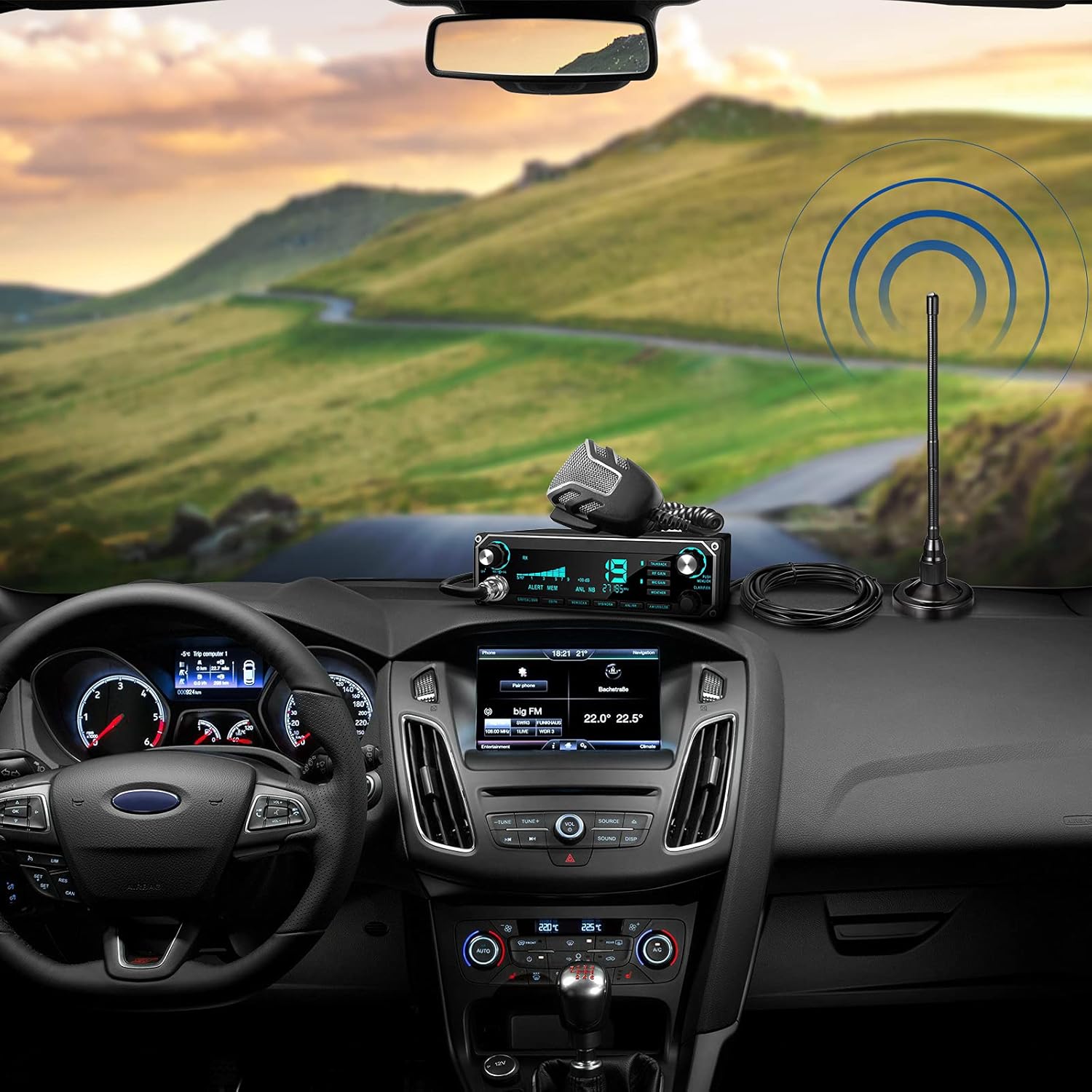 Illustration of the antenna attached to a truck or car roof via the magnetic base