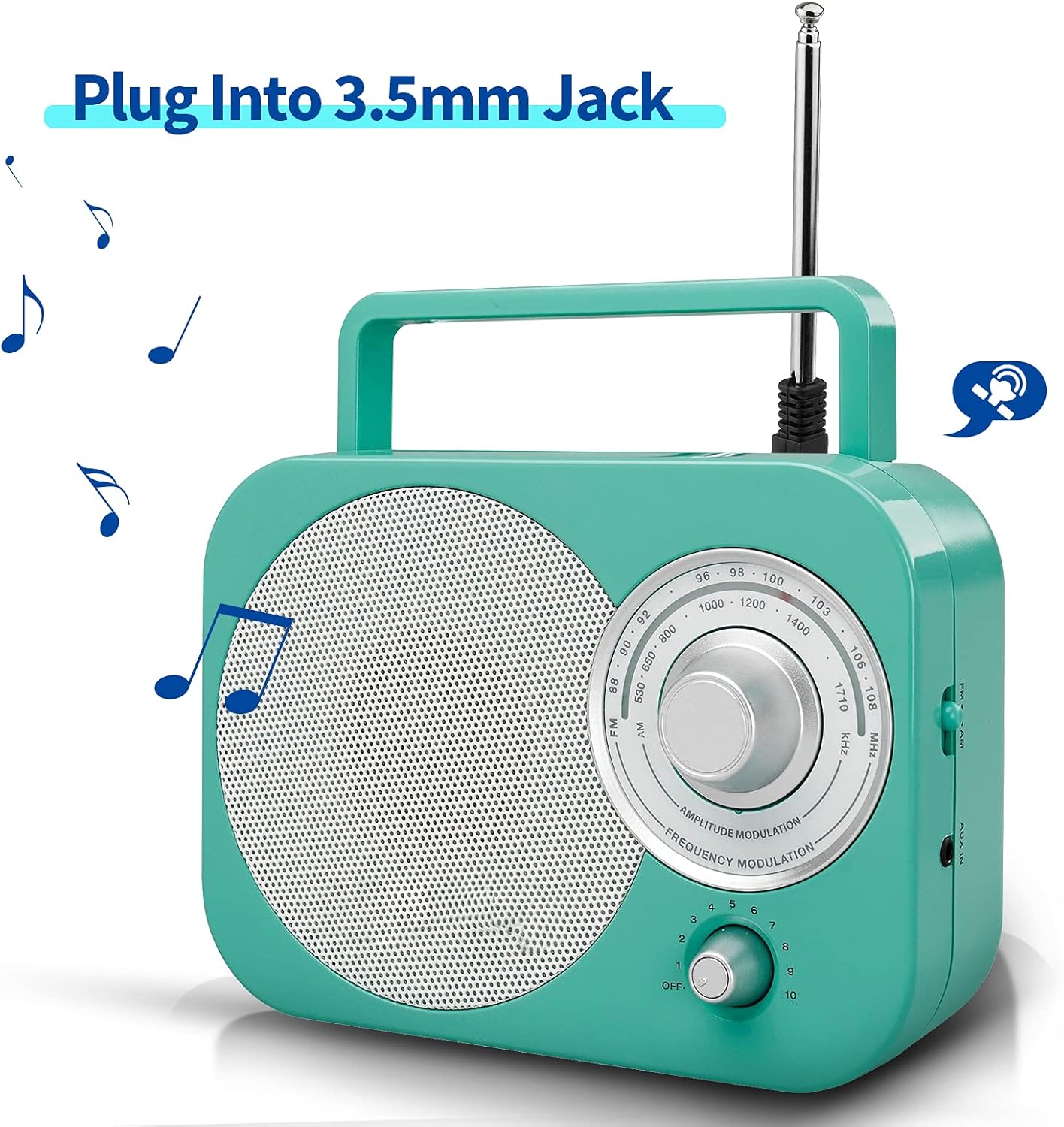 Illustration showing the antenna being plugged into the 3.5mm audio jack of a portable radio and the Teenage Engineering OP-1 synthesizer