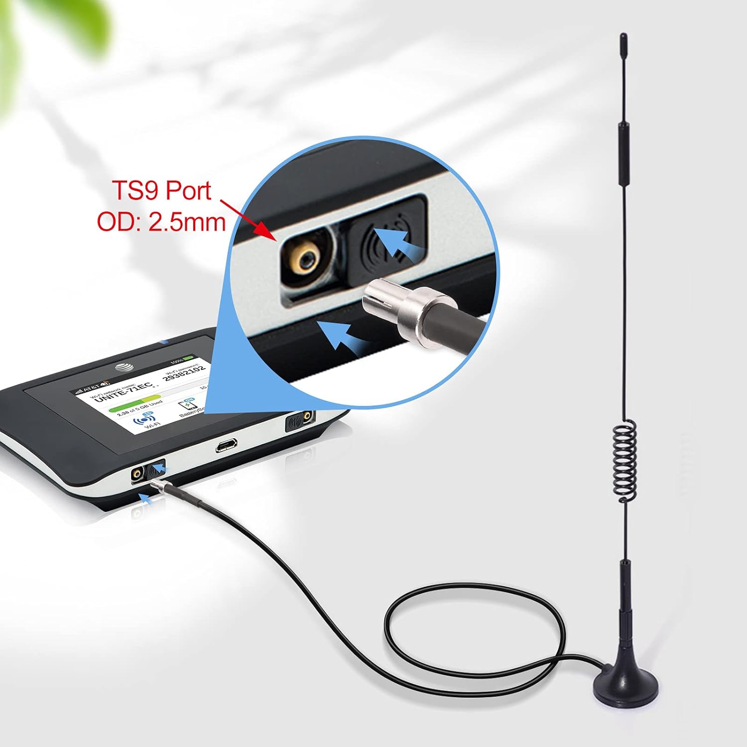 Pair of Bingfu 7dBi TS9 antennas connected to the dual ports of a Netgear Nighthawk M1 mobile hotspot