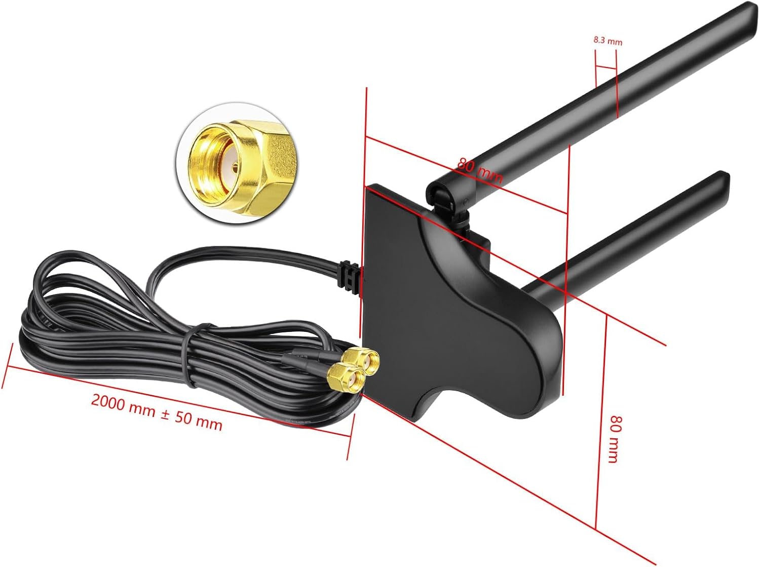 Product dimensions highlighting the 2-meter (6.5ft) cable length and compact magnetic base footprint